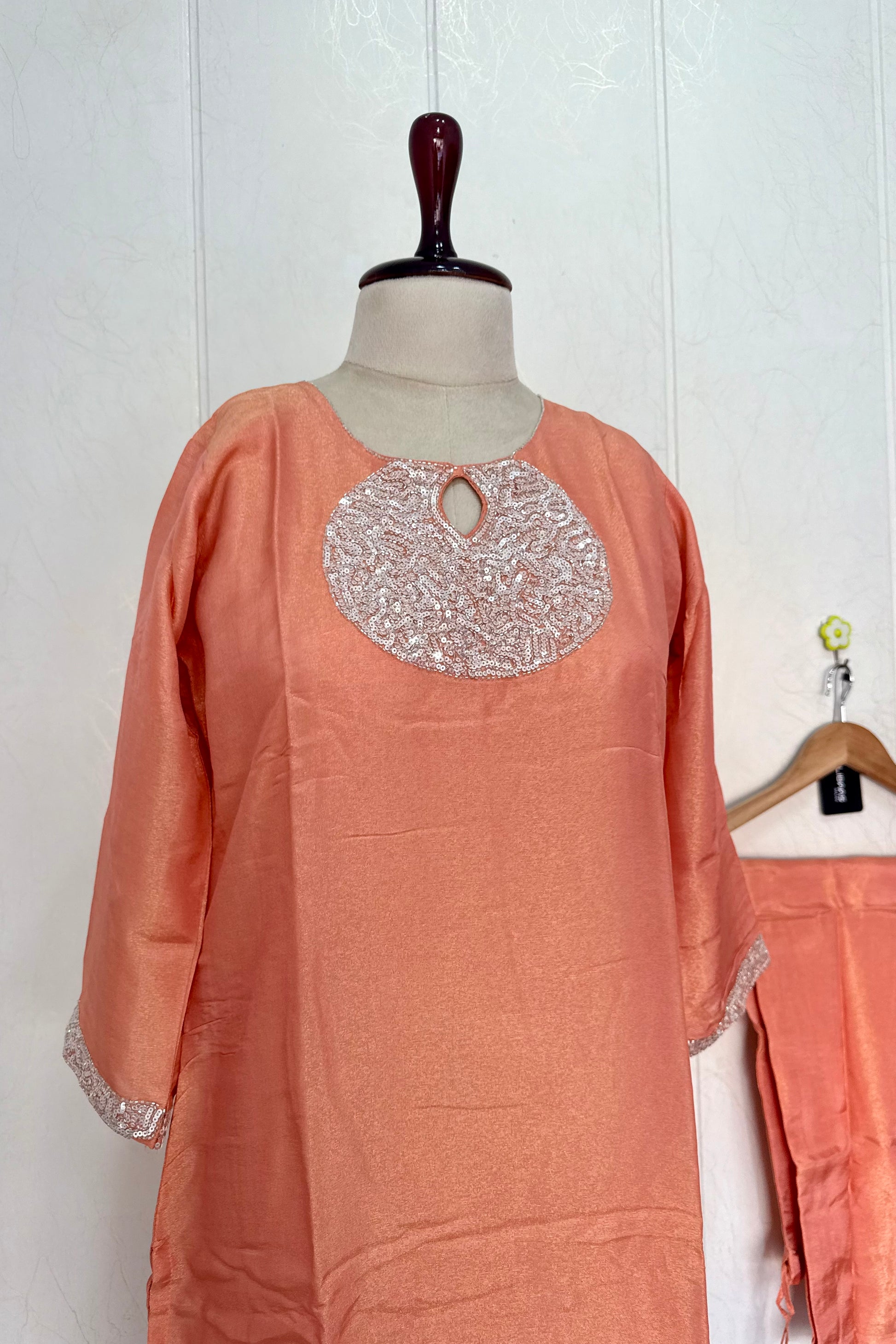“SHINE” Beautiful Peach with gold tone shimmer tissue kurta set