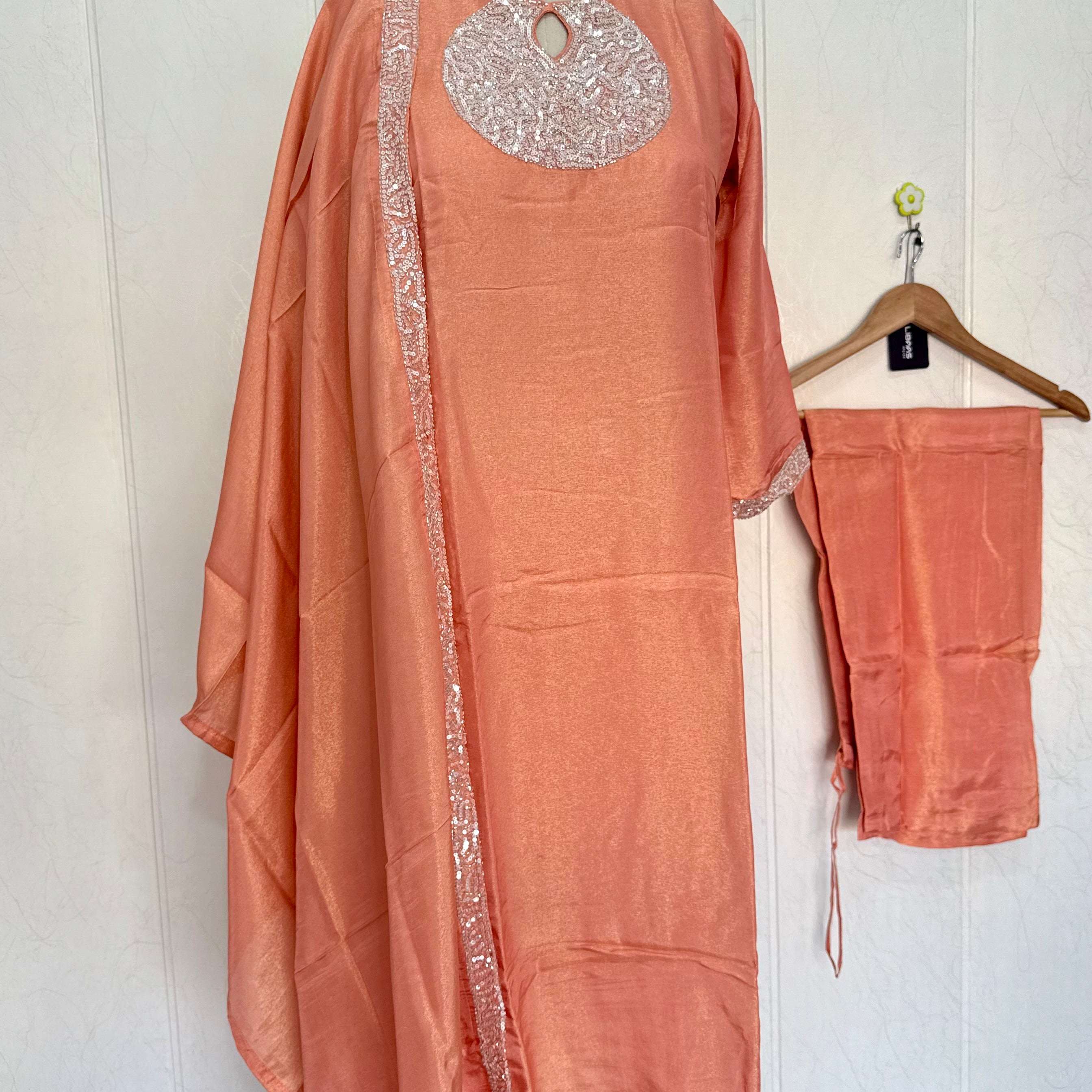 “SHINE” Beautiful Peach with gold tone shimmer tissue kurta set