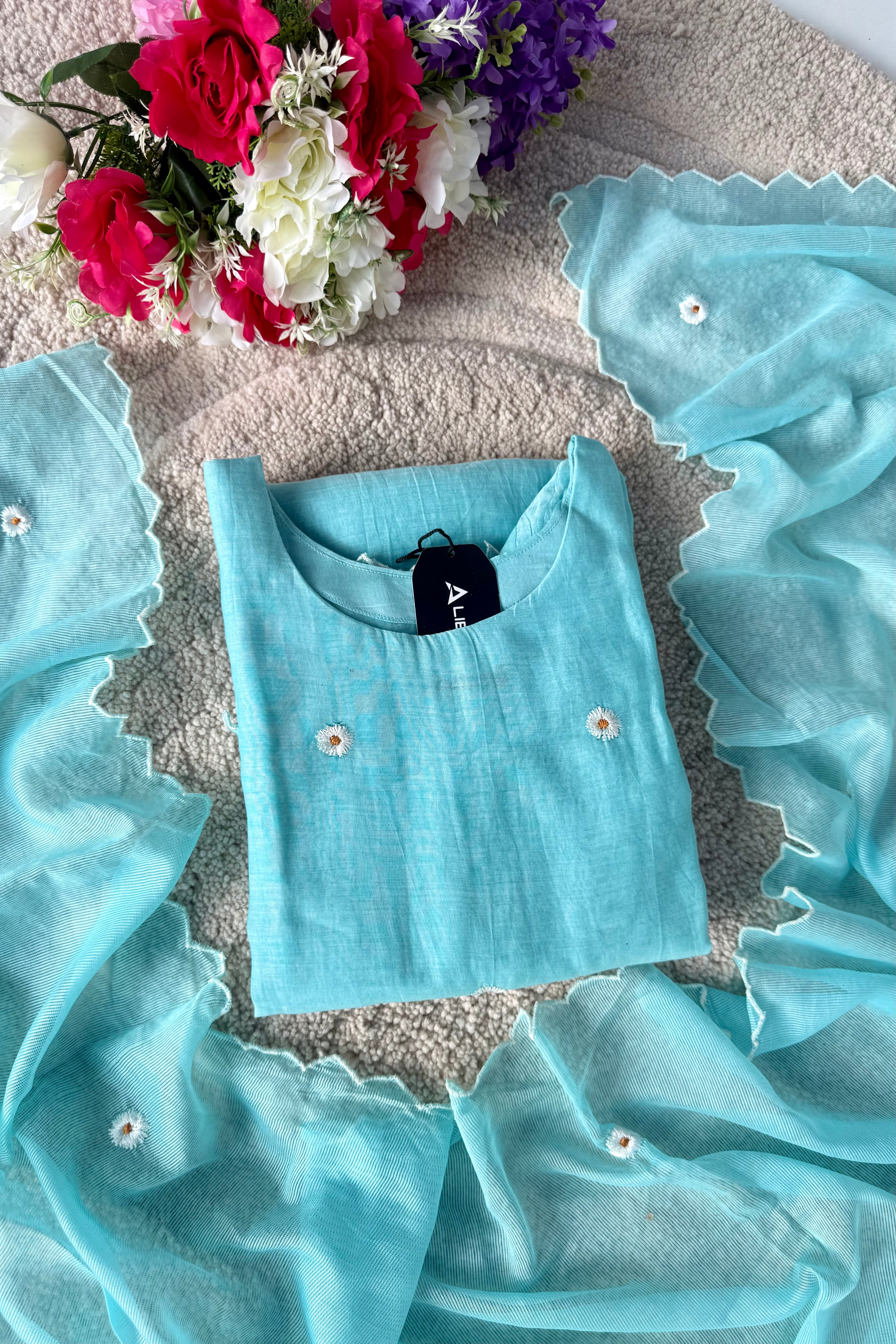 💫Tara – Premium Sea Blue Mul Chanderi A Line Kurta Set