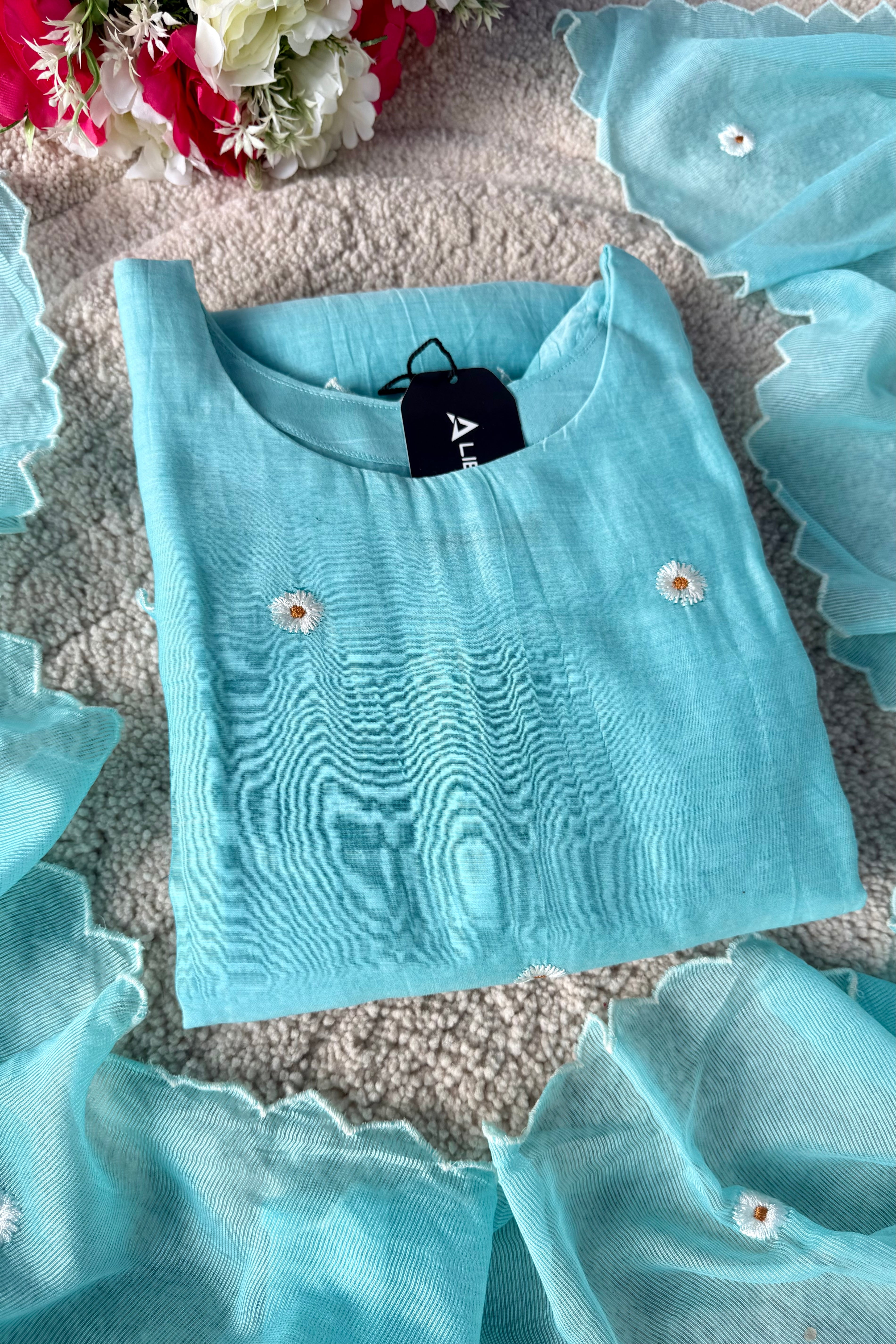 💫Tara – Premium Sea Blue Mul Chanderi A Line Kurta Set