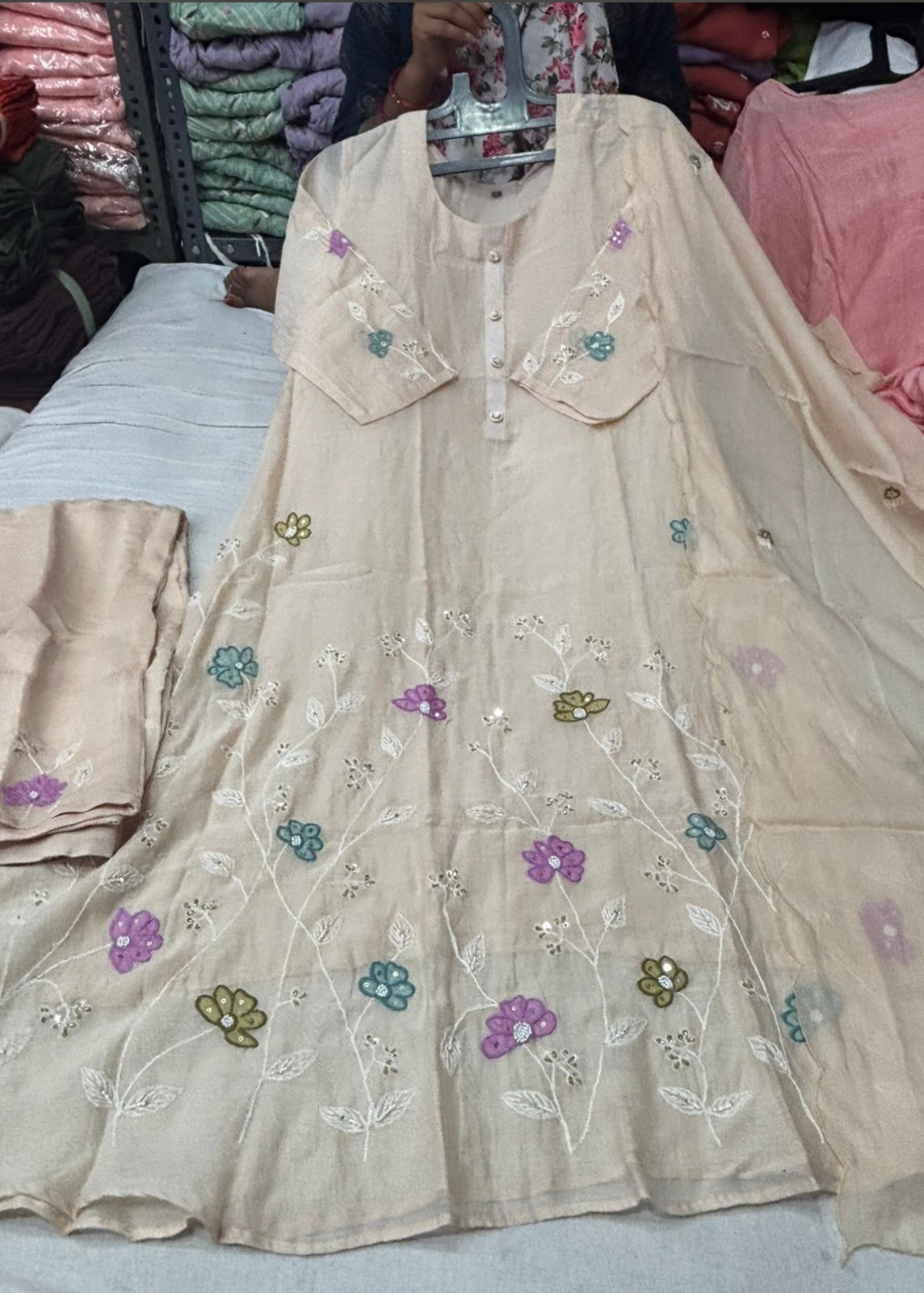 “Wow” Mul Chanderi Applique Embroidered A line Kurta Set