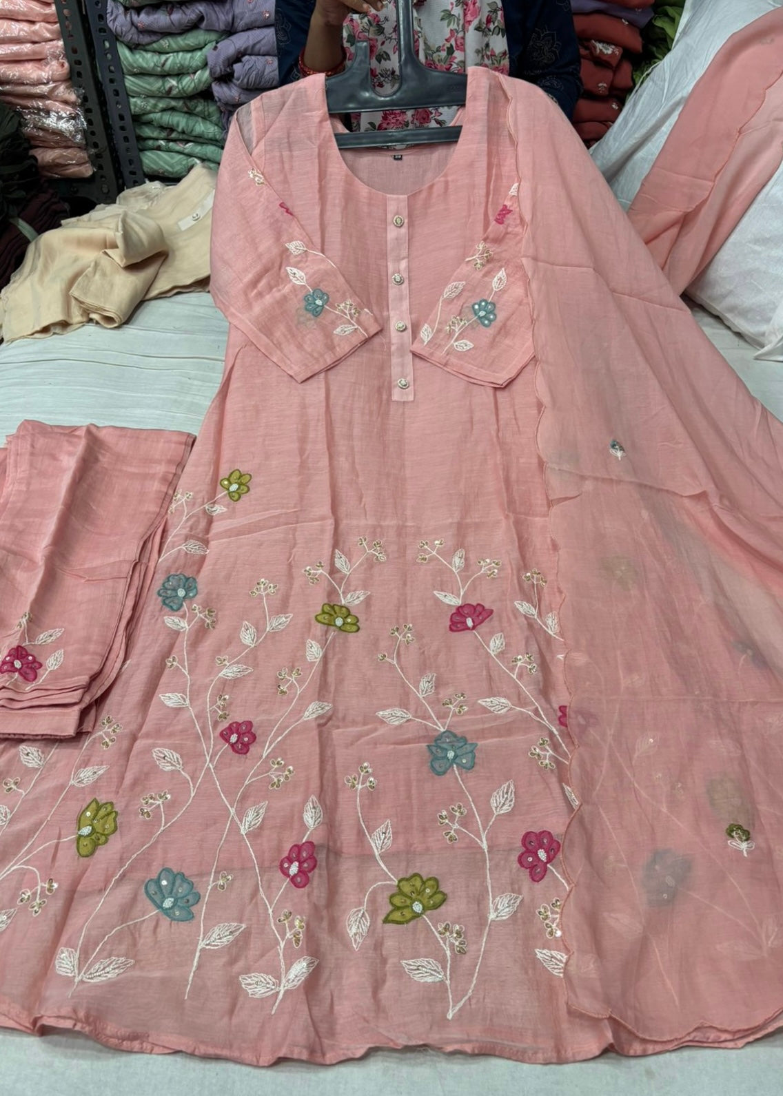 “Wow” Mul Chanderi Applique Embroidered A line Kurta Set