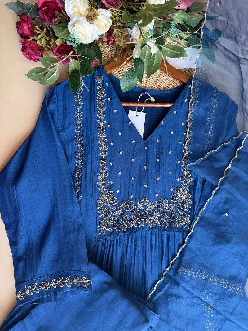 💙Ayza- Premium Blue Mul Chanderi A Line Suit set 🛍️