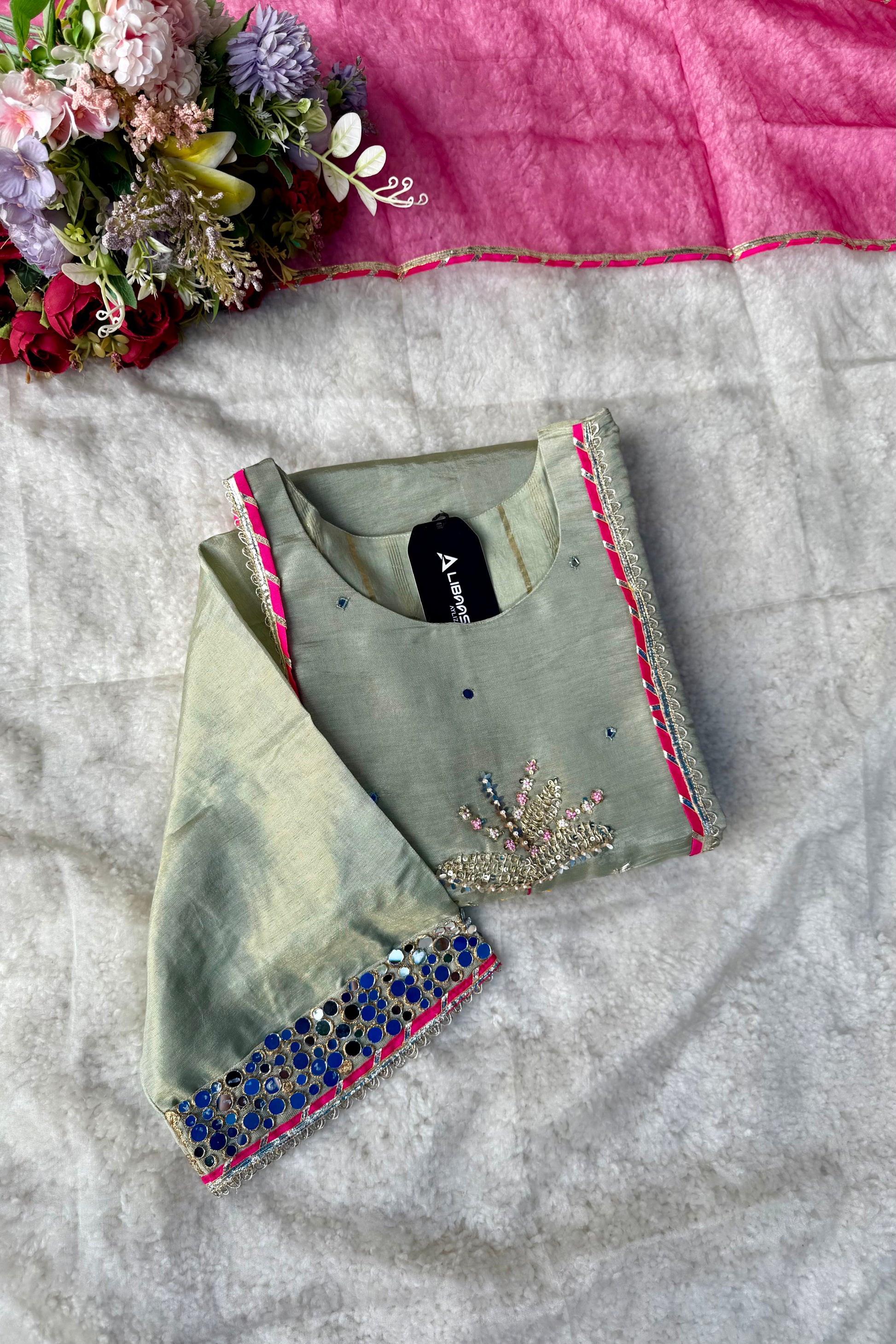 “Zara” Trending Mul Premium Mul Chanderi A Line Suit Set in Olive Green