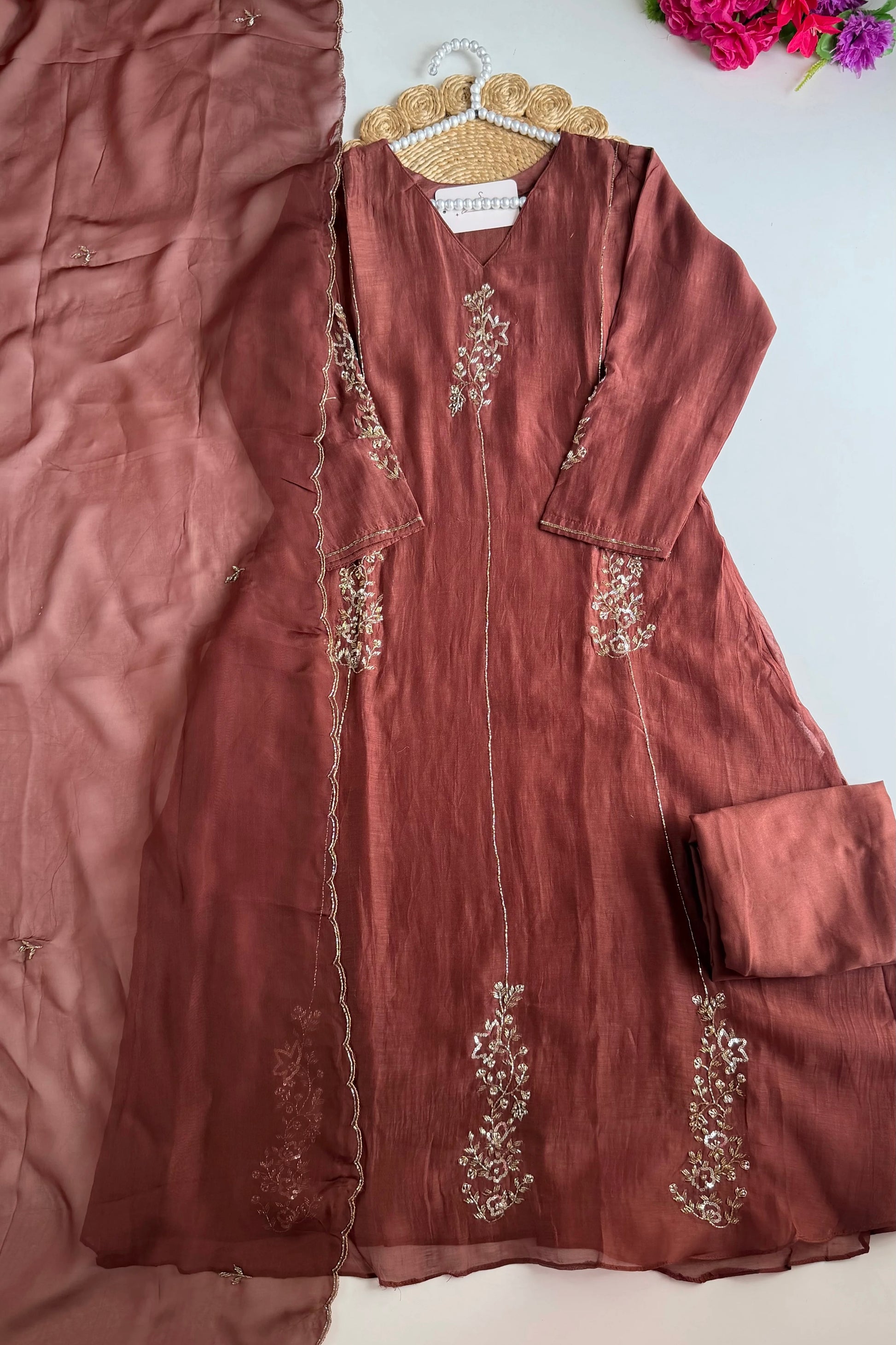 ✨”Rida - Premium Rose Brown Mul Chanderi A-Line Kurta Set