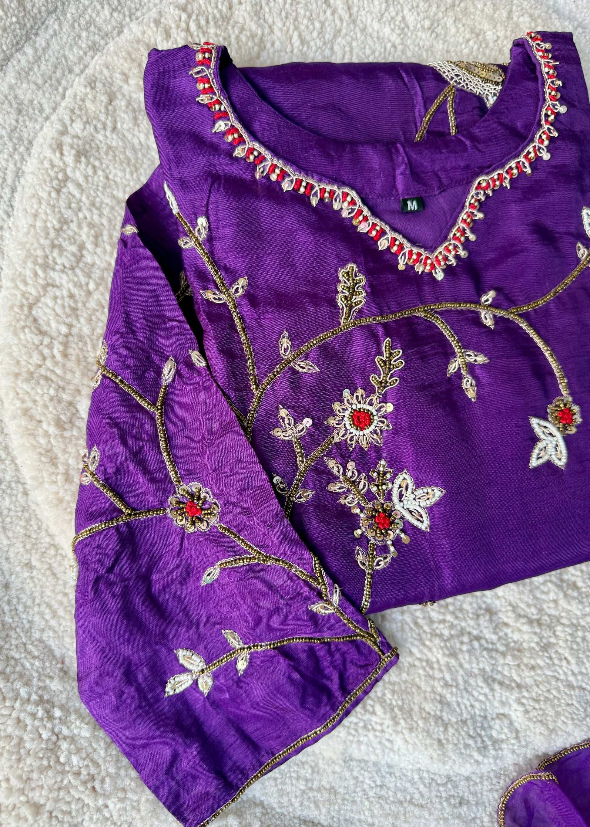 “Peacock” Royal Purple Dola Silk Peacock Handwork Suit Set