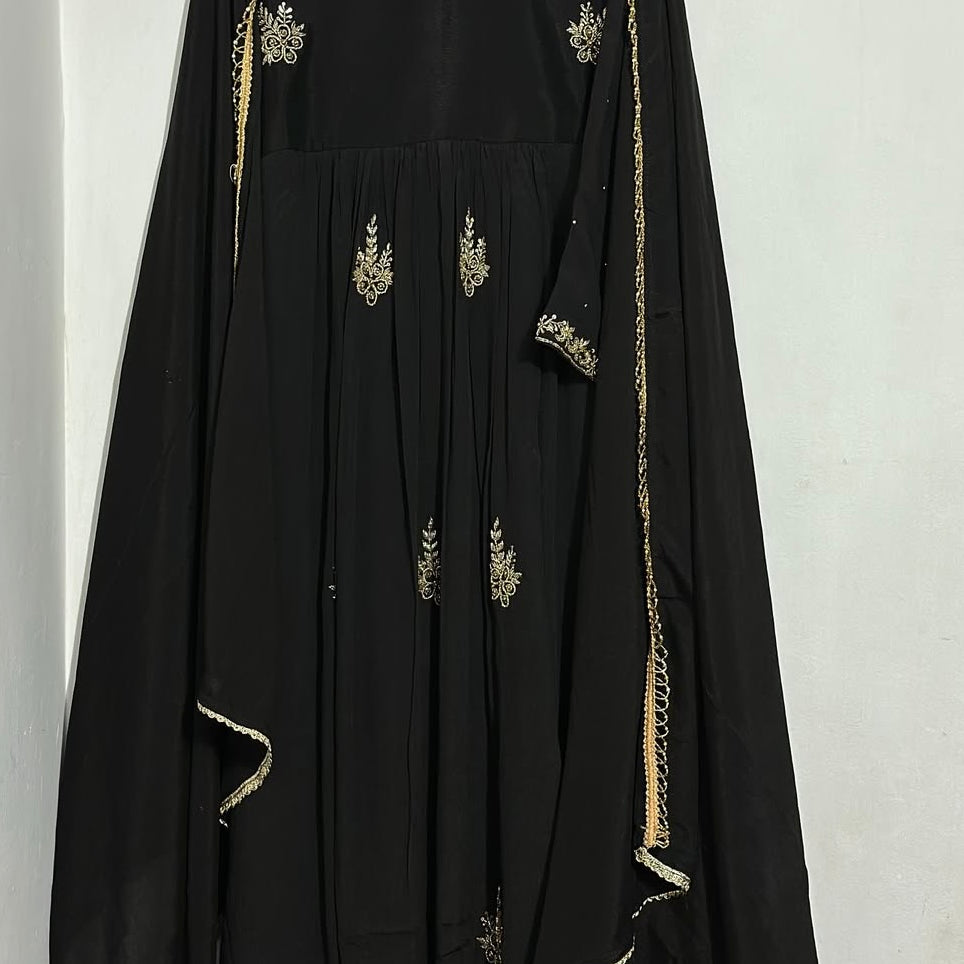 “Black” Elegant Black Anarkali Suit in Chinnon Fabric