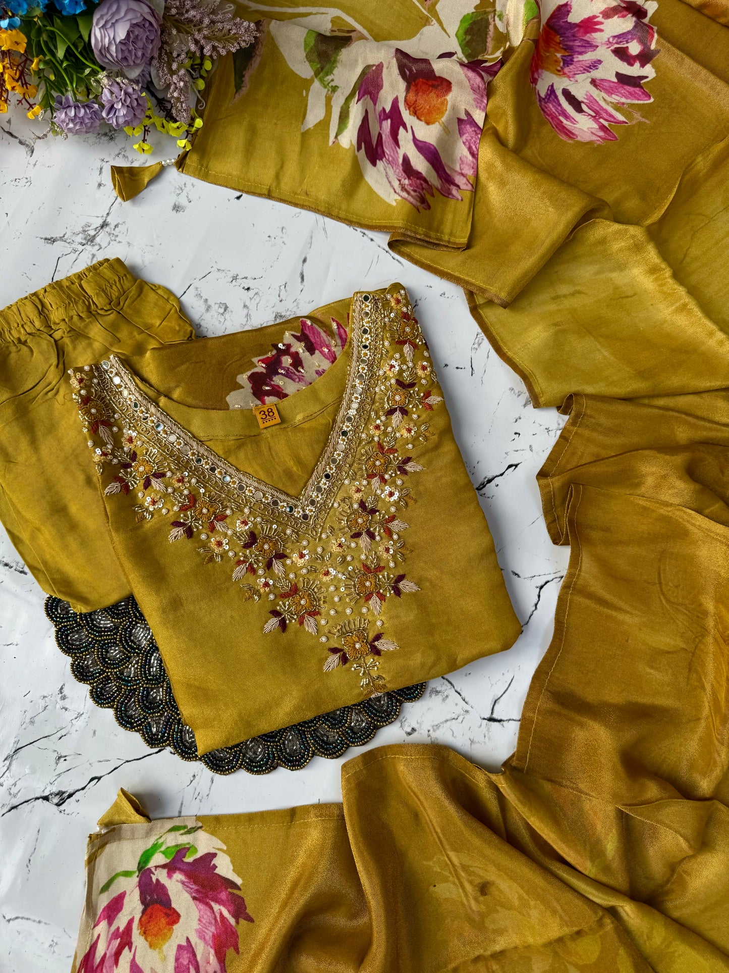 "MARYAM" Mustard printed Tissue silk kurti with heavy handwork set