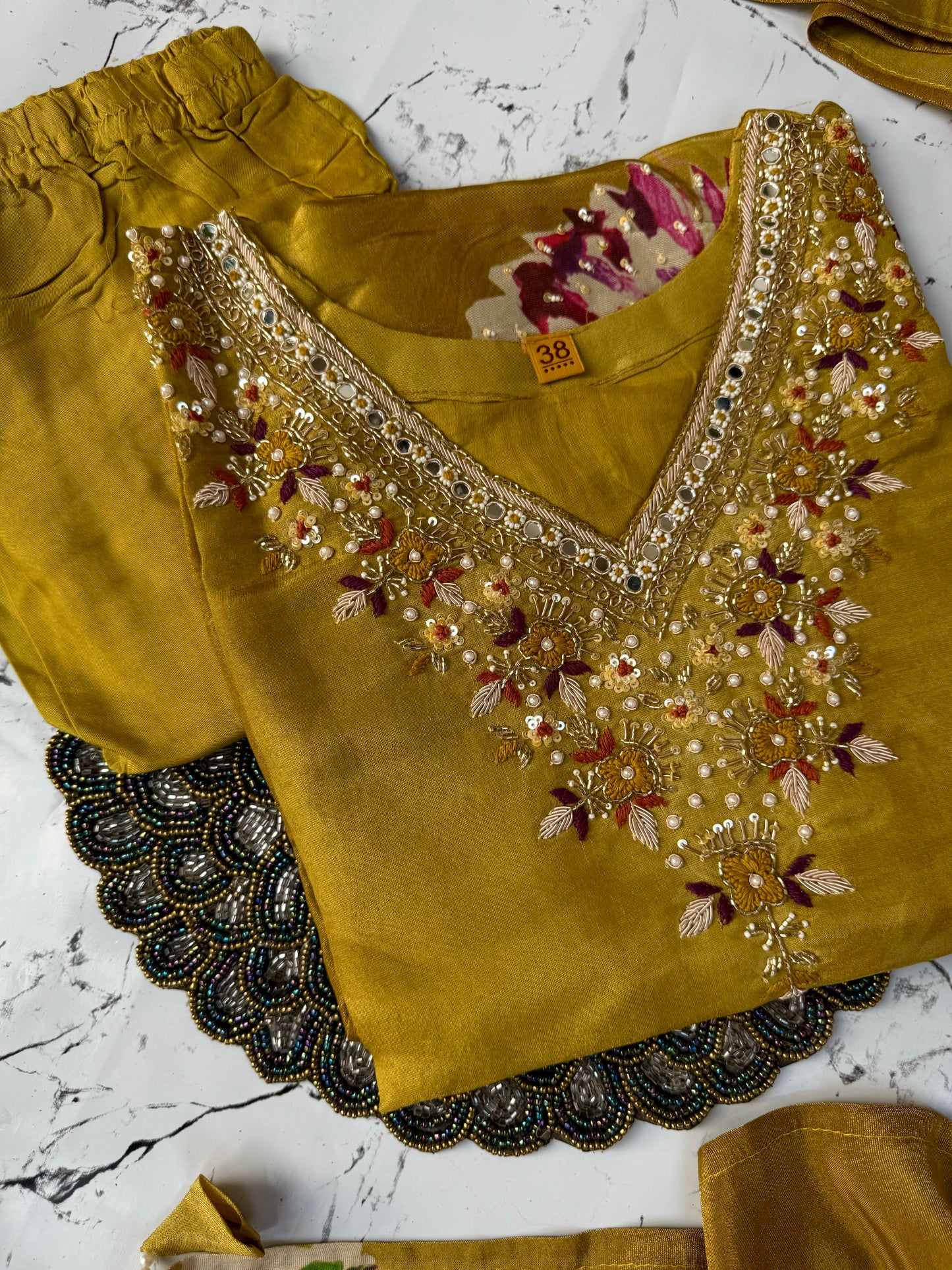 "MARYAM" Mustard printed Tissue silk kurti with heavy handwork set