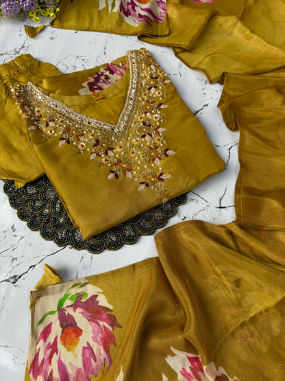 "MARYAM" Mustard printed Tissue silk kurti with heavy handwork set