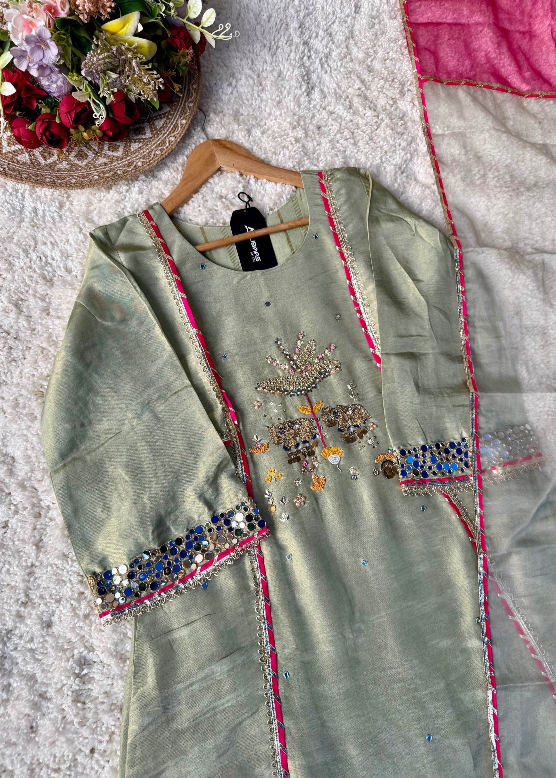 “Zara” Trending Mul Premium Mul Chanderi A Line Suit Set in Olive Green