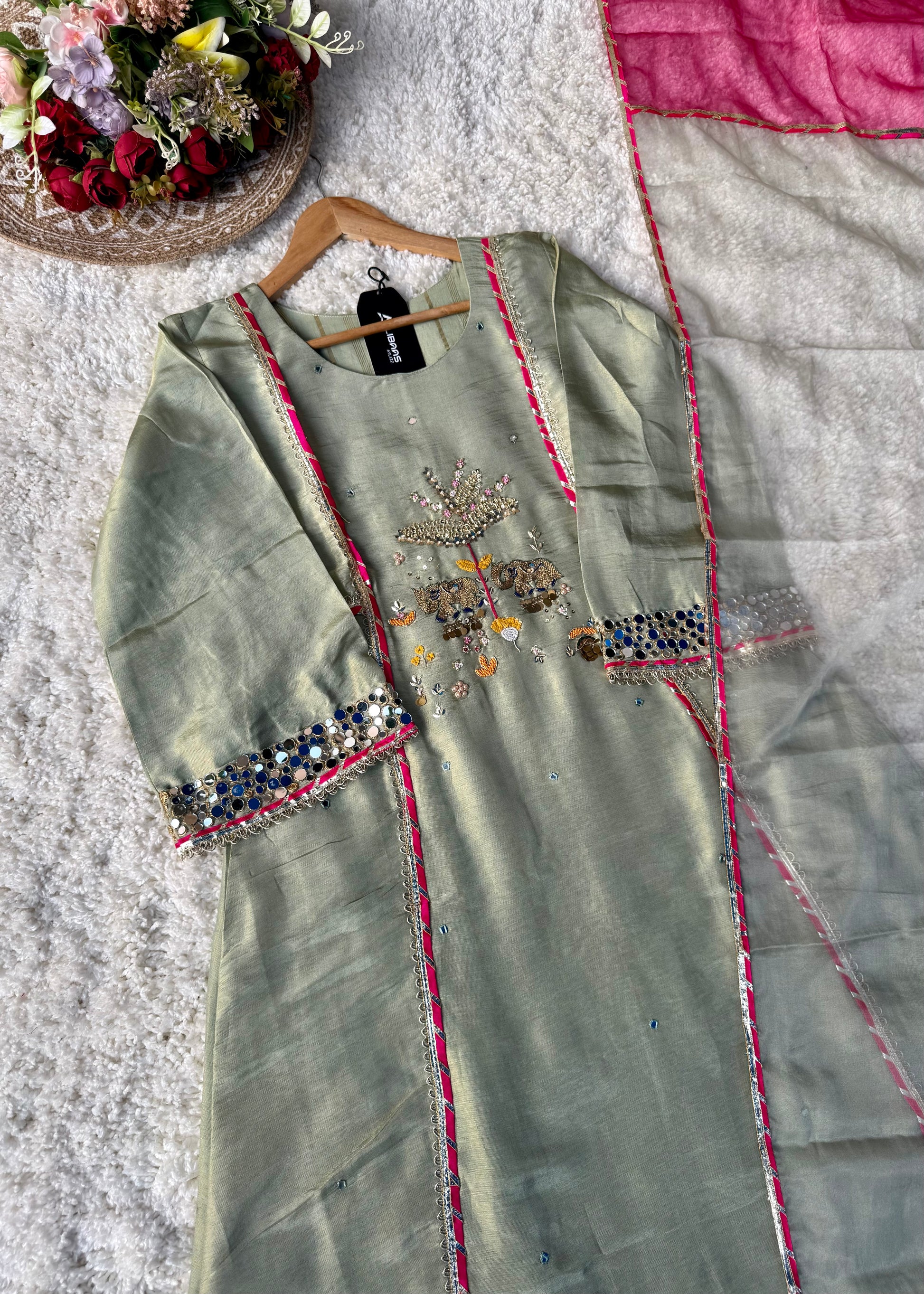 “Zara” Trending Mul Premium Mul Chanderi A Line Suit Set in Olive Green