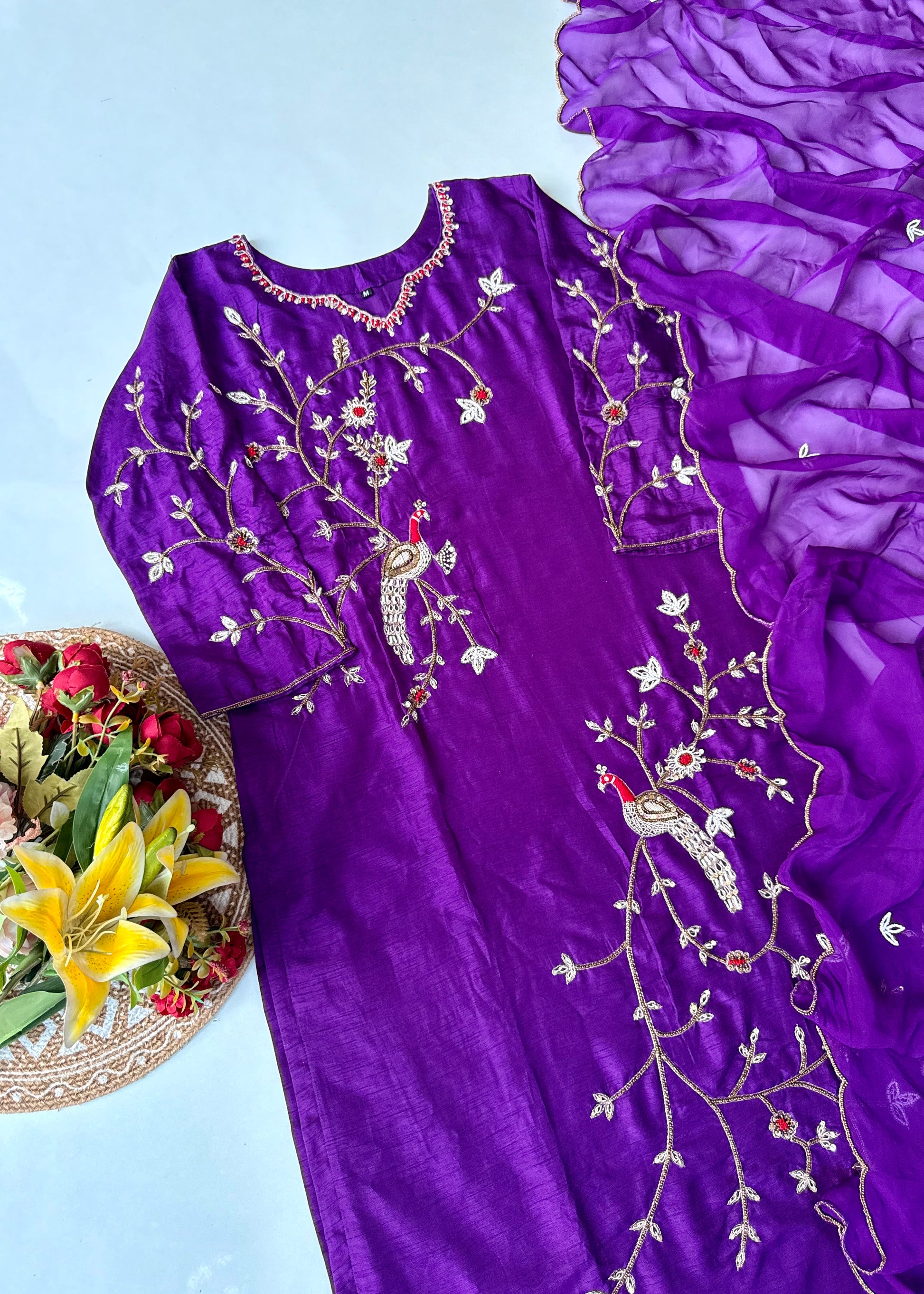 “Peacock” Royal Purple Dola Silk Peacock Handwork Suit Set