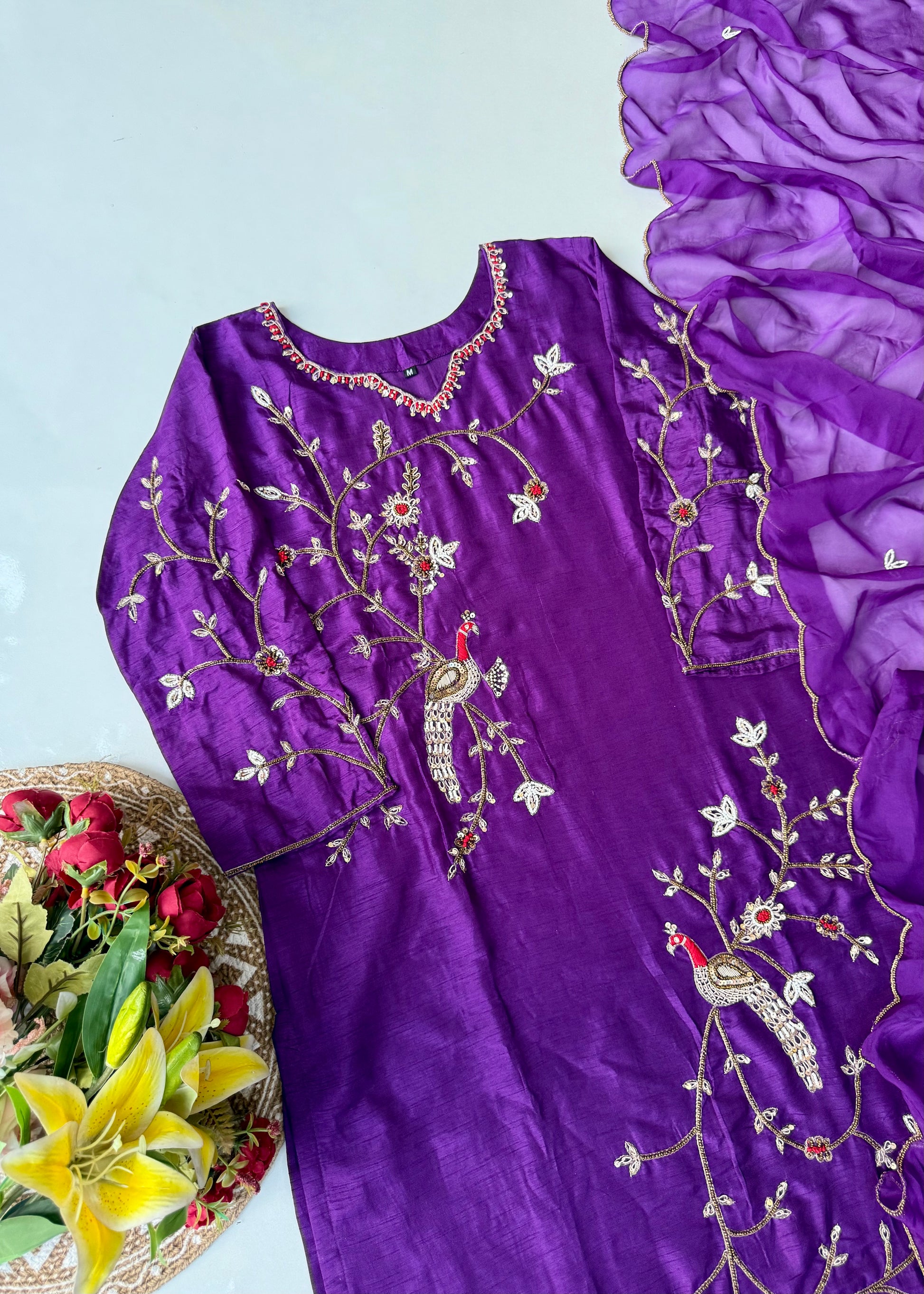 “Peacock” Royal Purple Dola Silk Peacock Handwork Suit Set