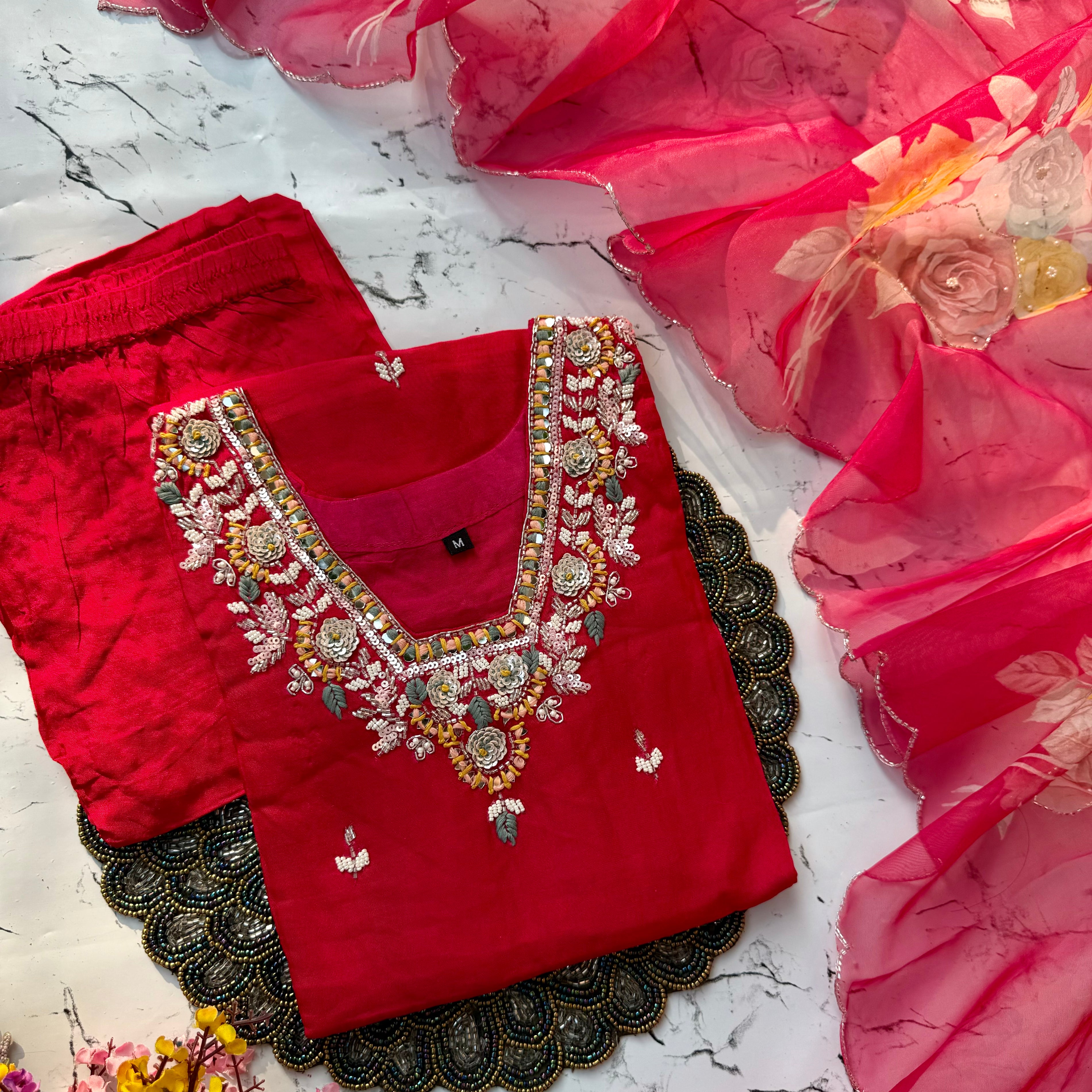 “Aruna" Party wear Handcrafted dola silk set