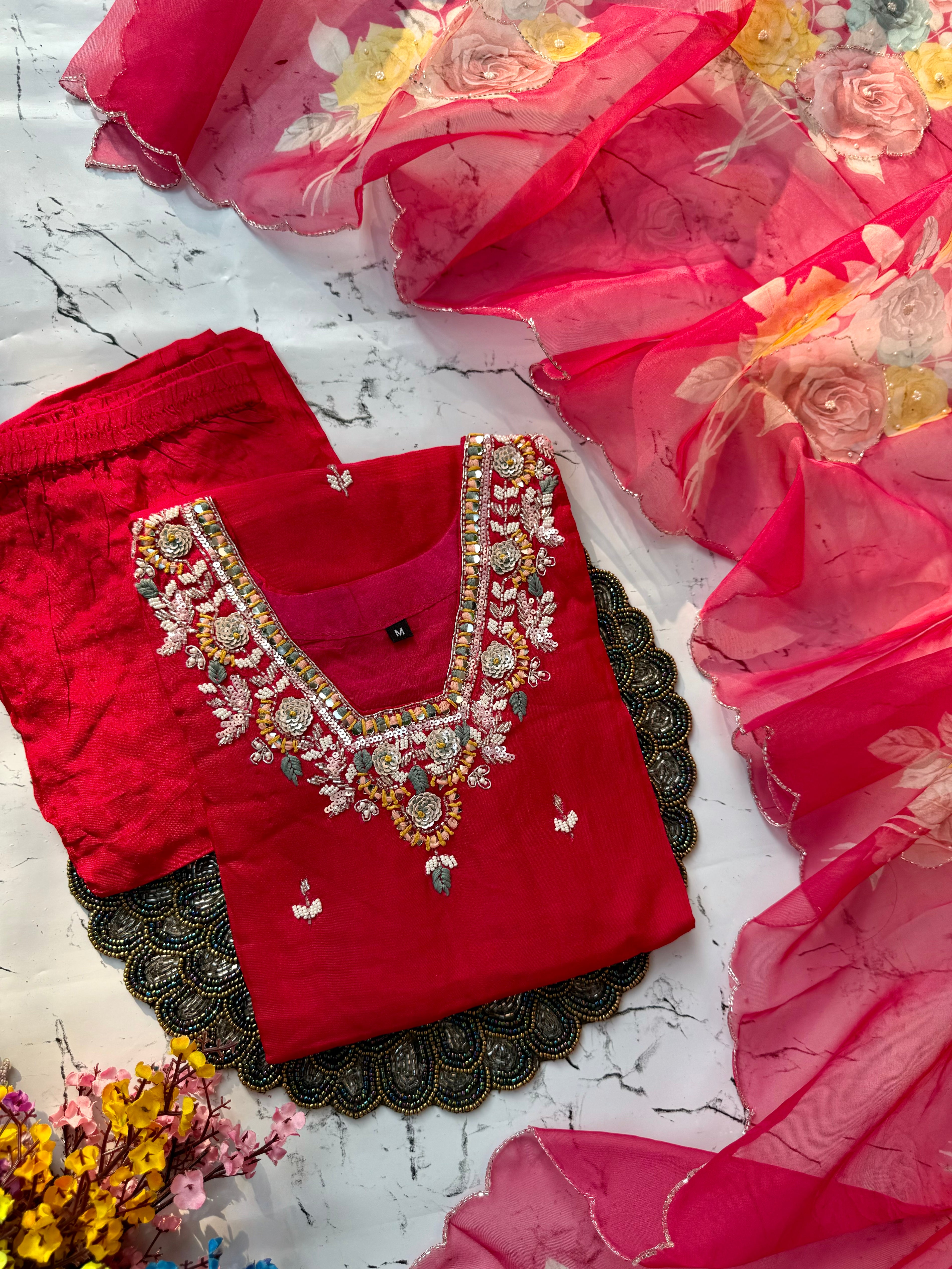 “Aruna" Party wear Handcrafted dola silk set