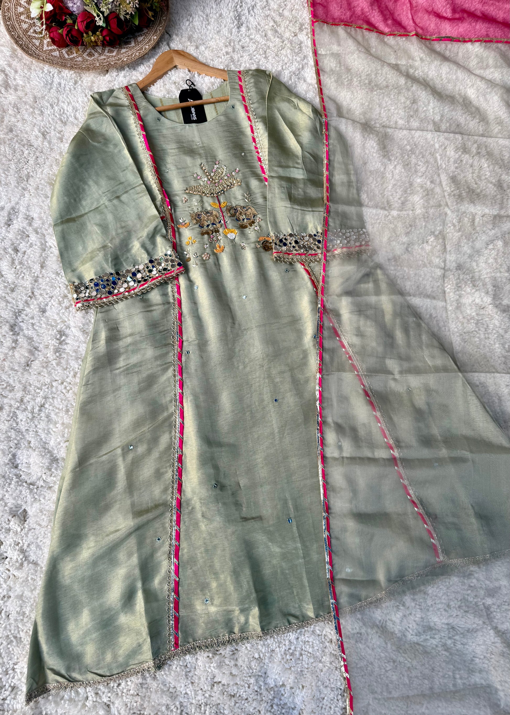 “Zara” Trending Mul Premium Mul Chanderi A Line Suit Set in Olive Green