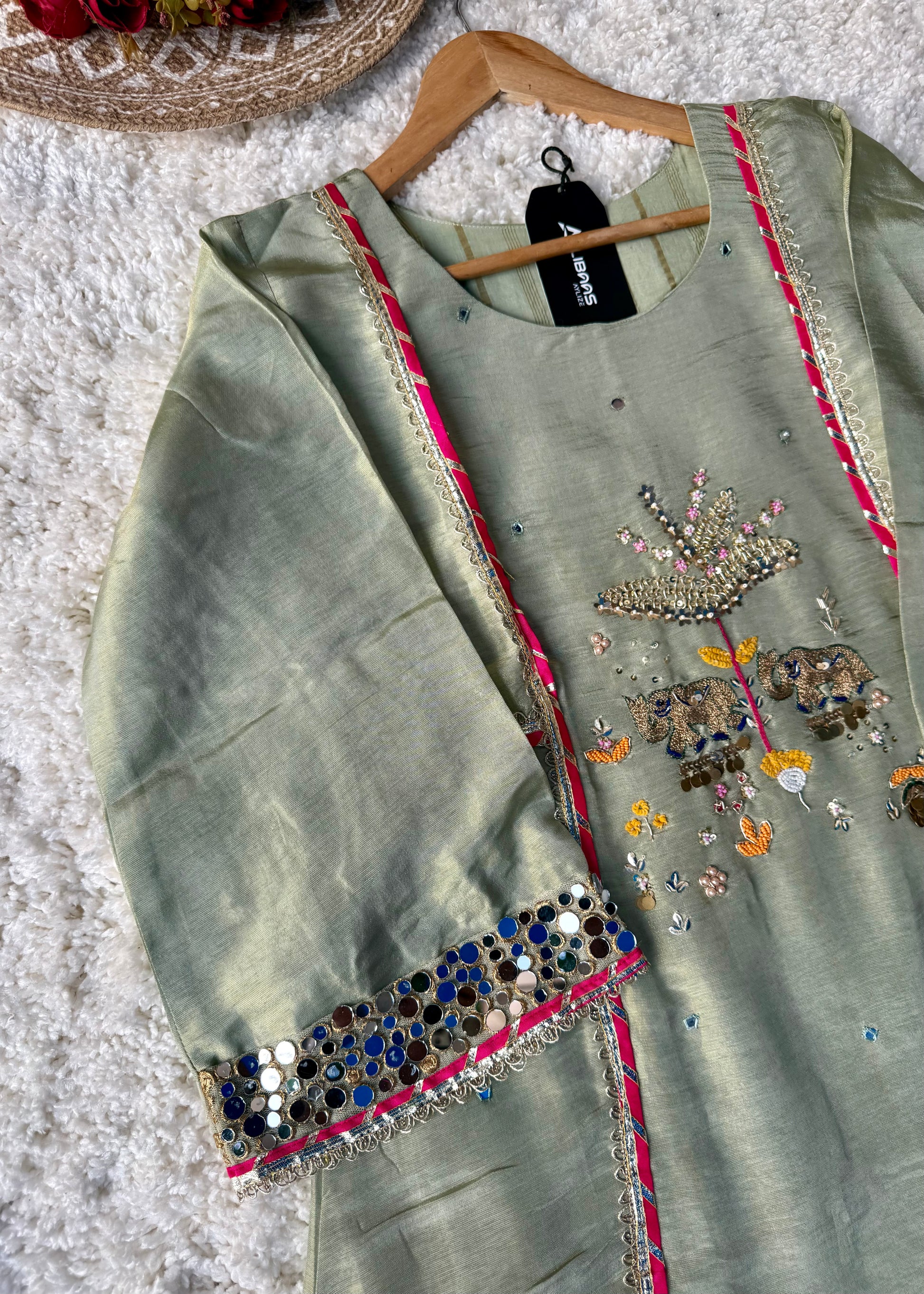 “Zara” Trending Mul Premium Mul Chanderi A Line Suit Set in Olive Green