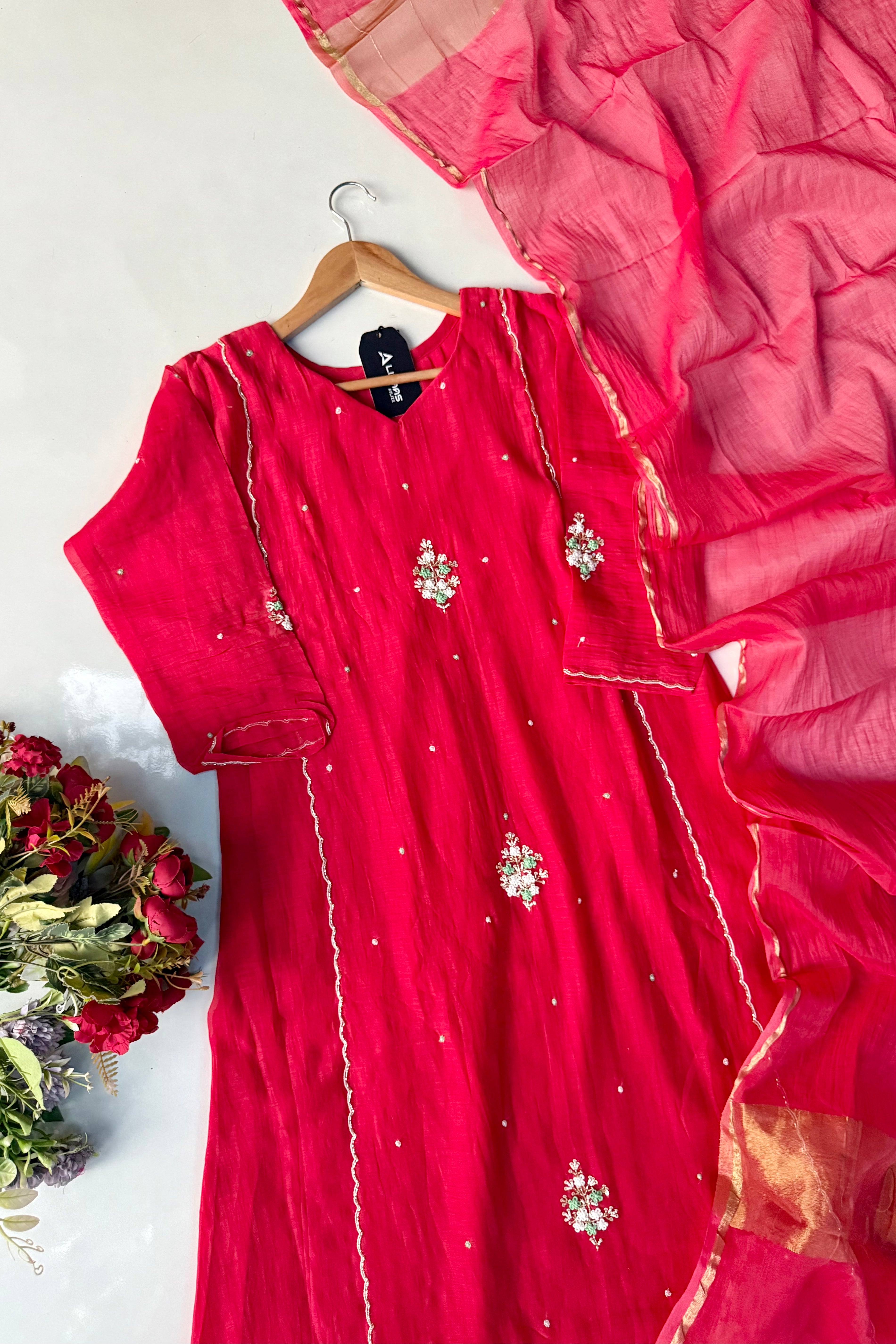 “Myra” Red Mul Chanderi A-Line Anarkali Kurta set