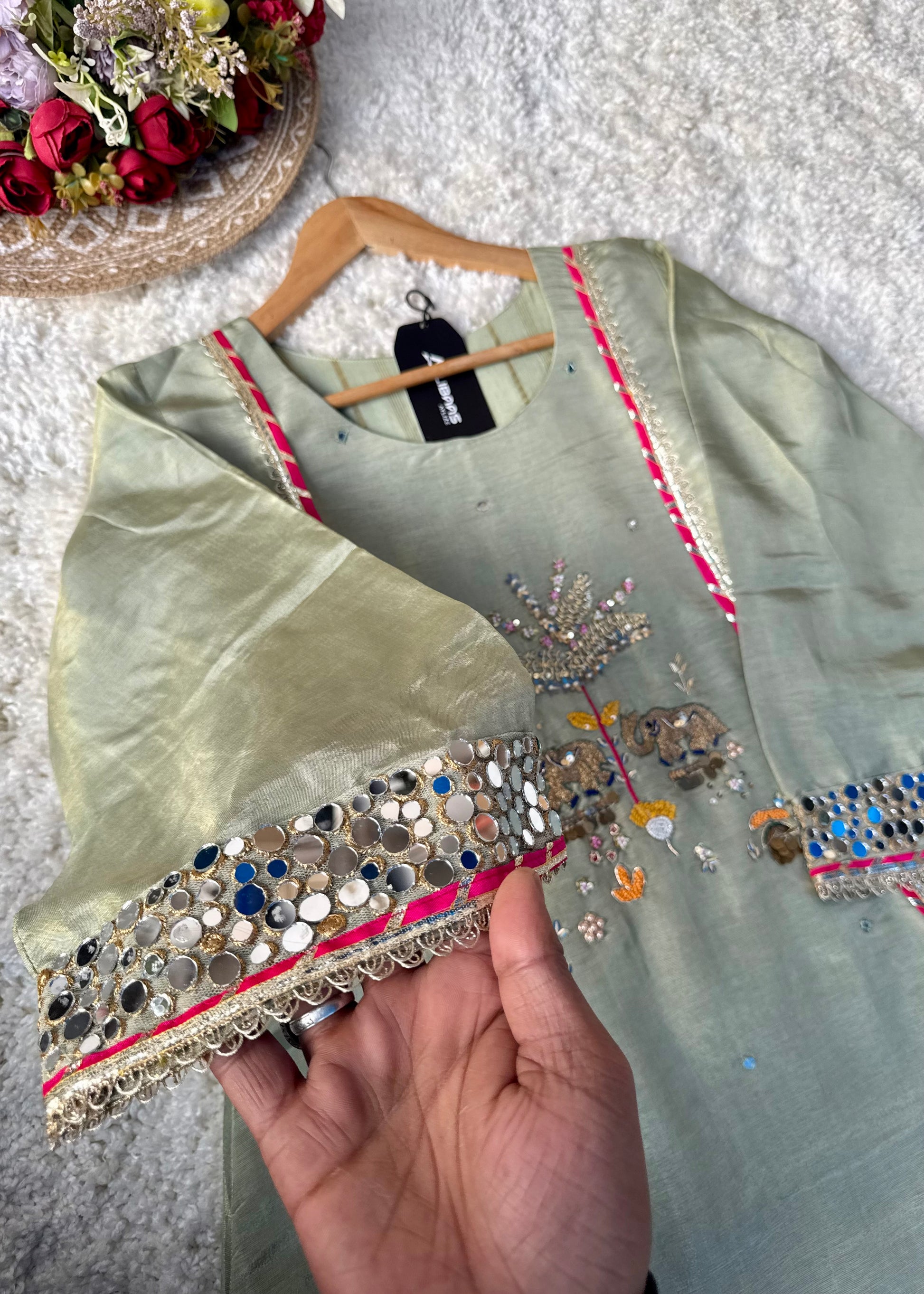 “Zara” Trending Mul Premium Mul Chanderi A Line Suit Set in Olive Green