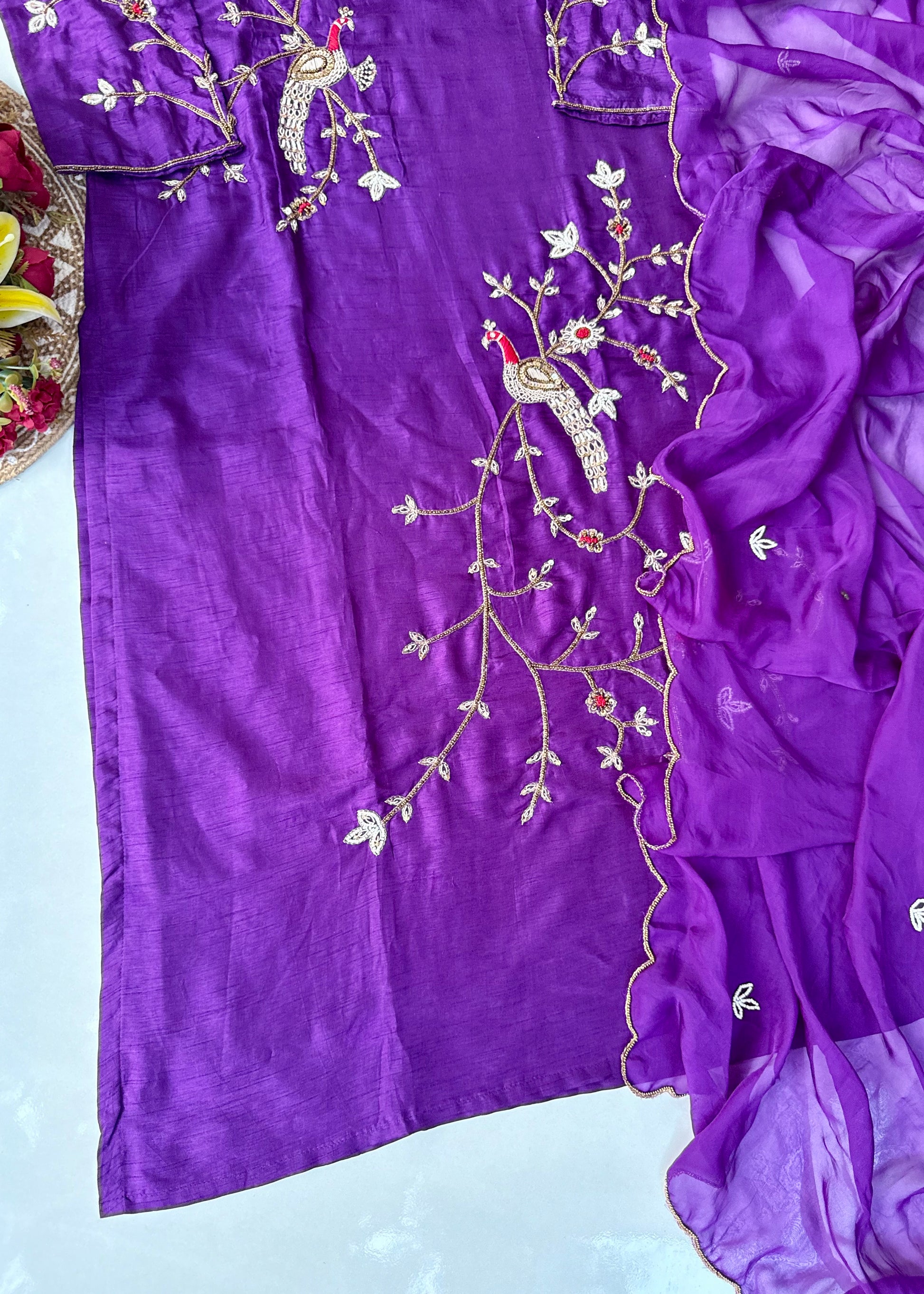 “Peacock” Royal Purple Dola Silk Peacock Handwork Suit Set