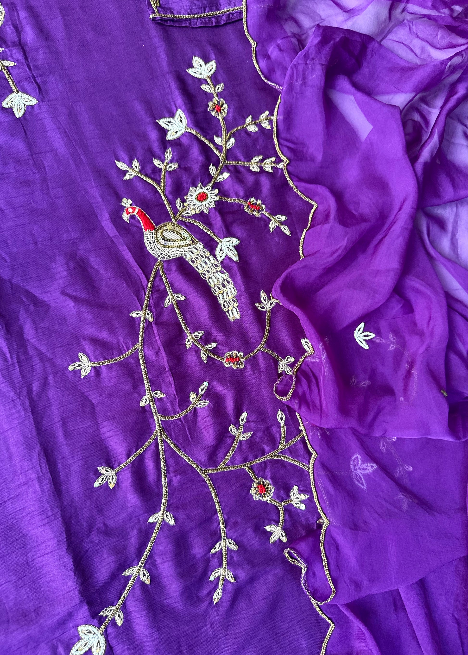 “Peacock” Royal Purple Dola Silk Peacock Handwork Suit Set