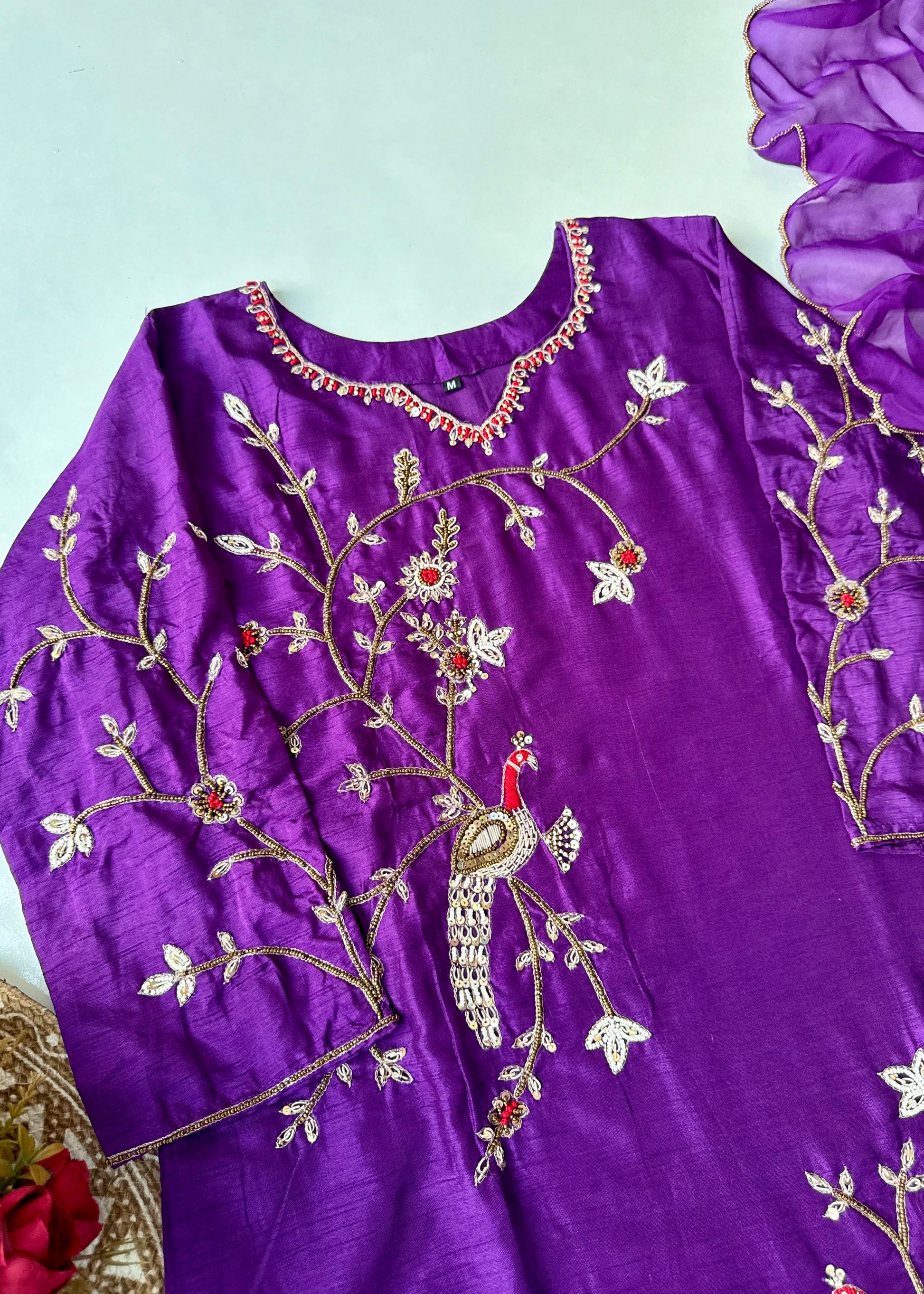 “Peacock” Royal Purple Dola Silk Peacock Handwork Suit Set