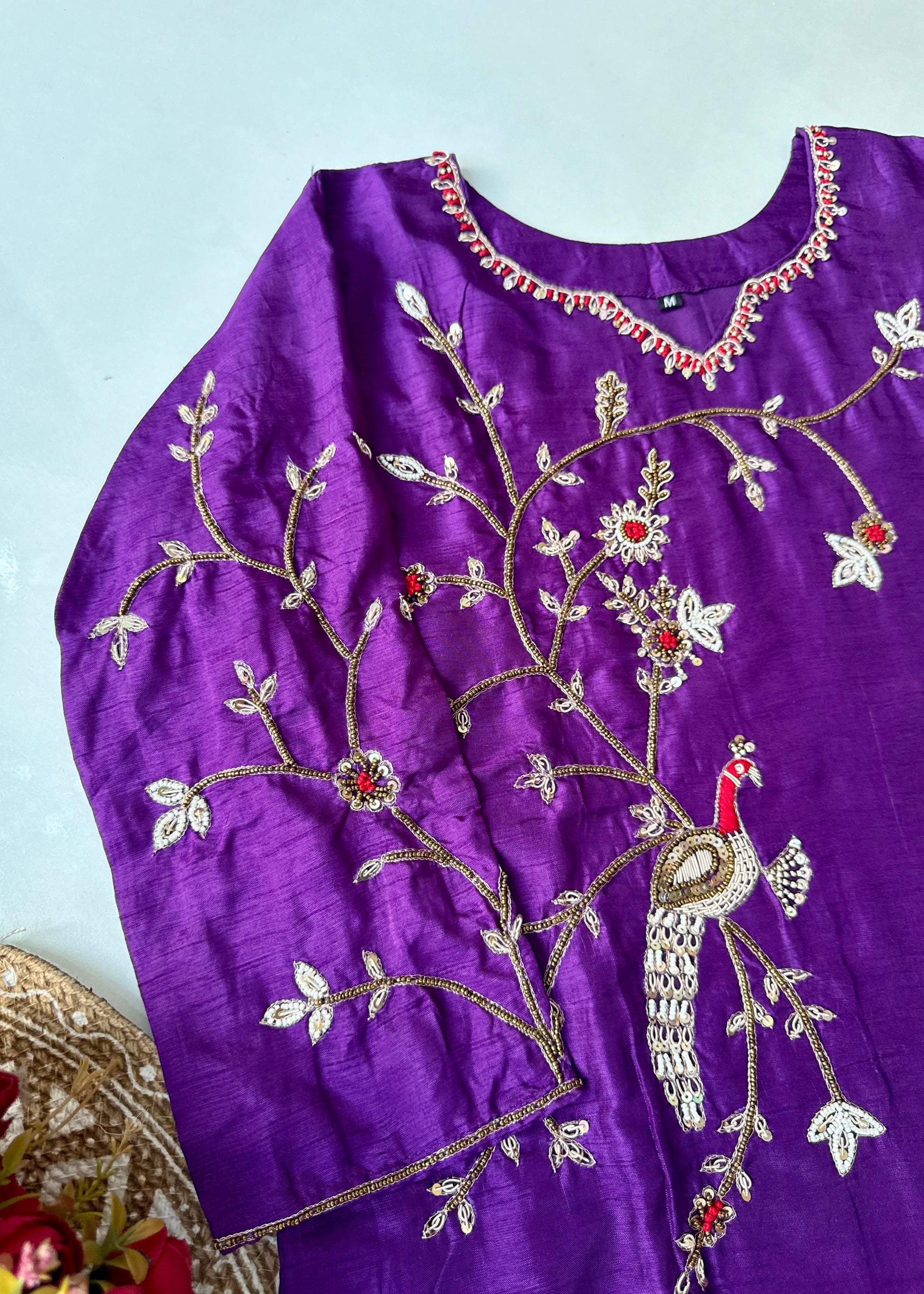 “Peacock” Royal Purple Dola Silk Peacock Handwork Suit Set