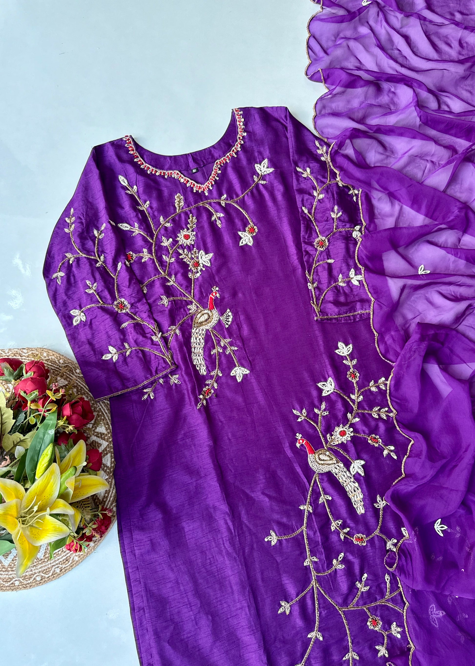 “Peacock” Royal Purple Dola Silk Peacock Handwork Suit Set