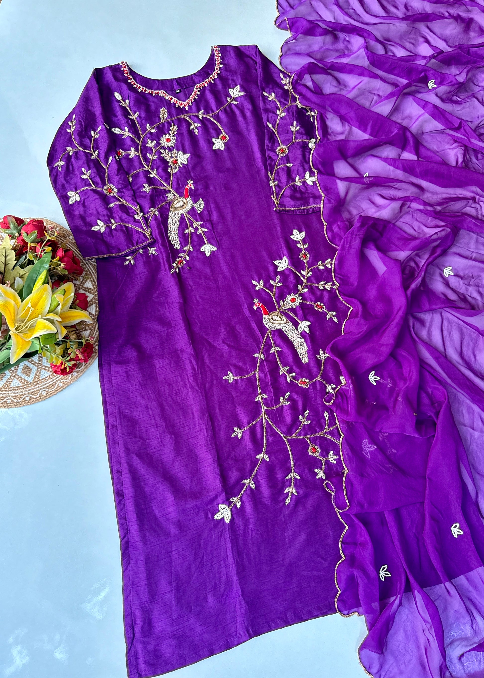 “Peacock” Royal Purple Dola Silk Peacock Handwork Suit Set