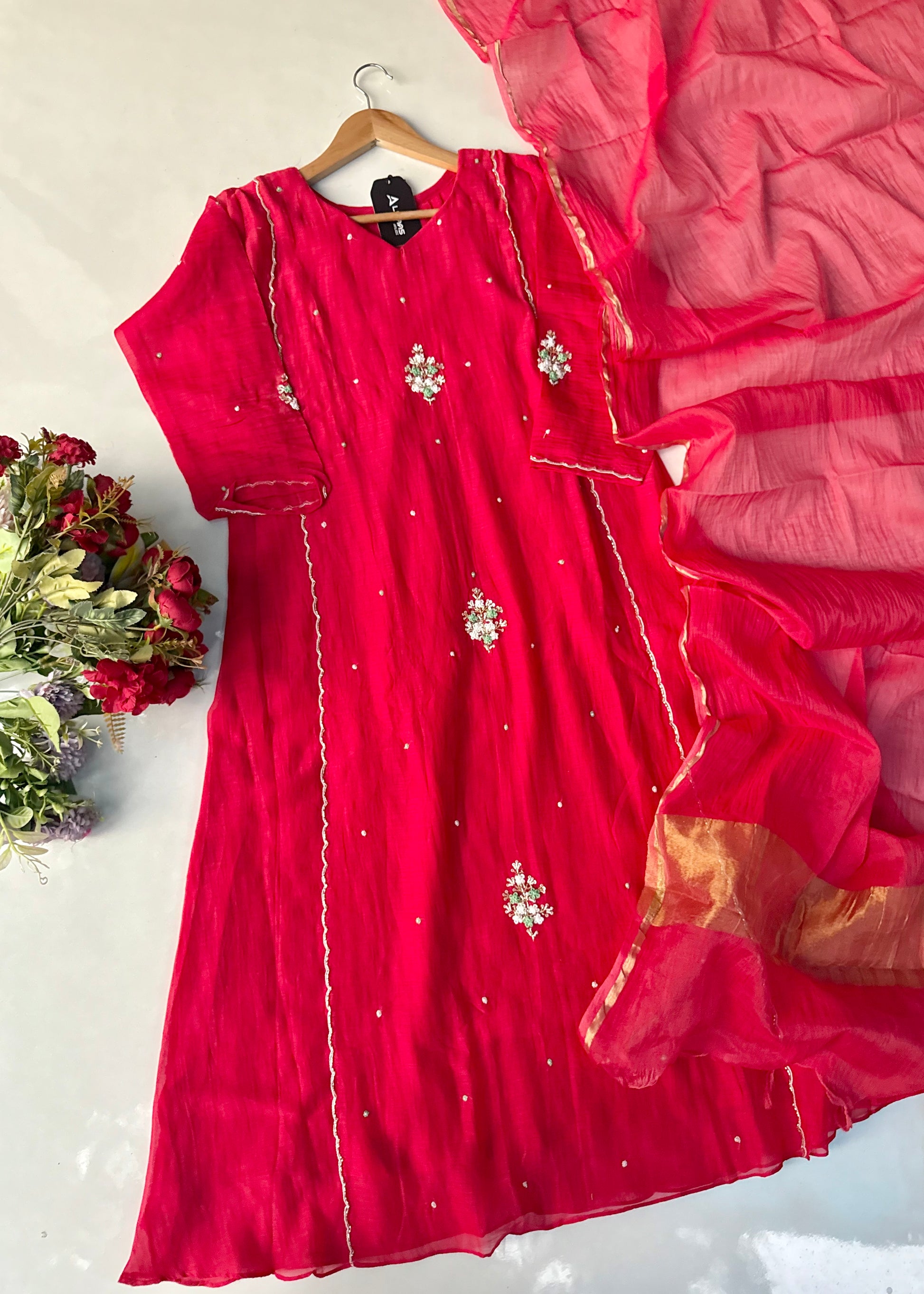 “Myra” Red Mul Chanderi A-Line Anarkali Kurta set