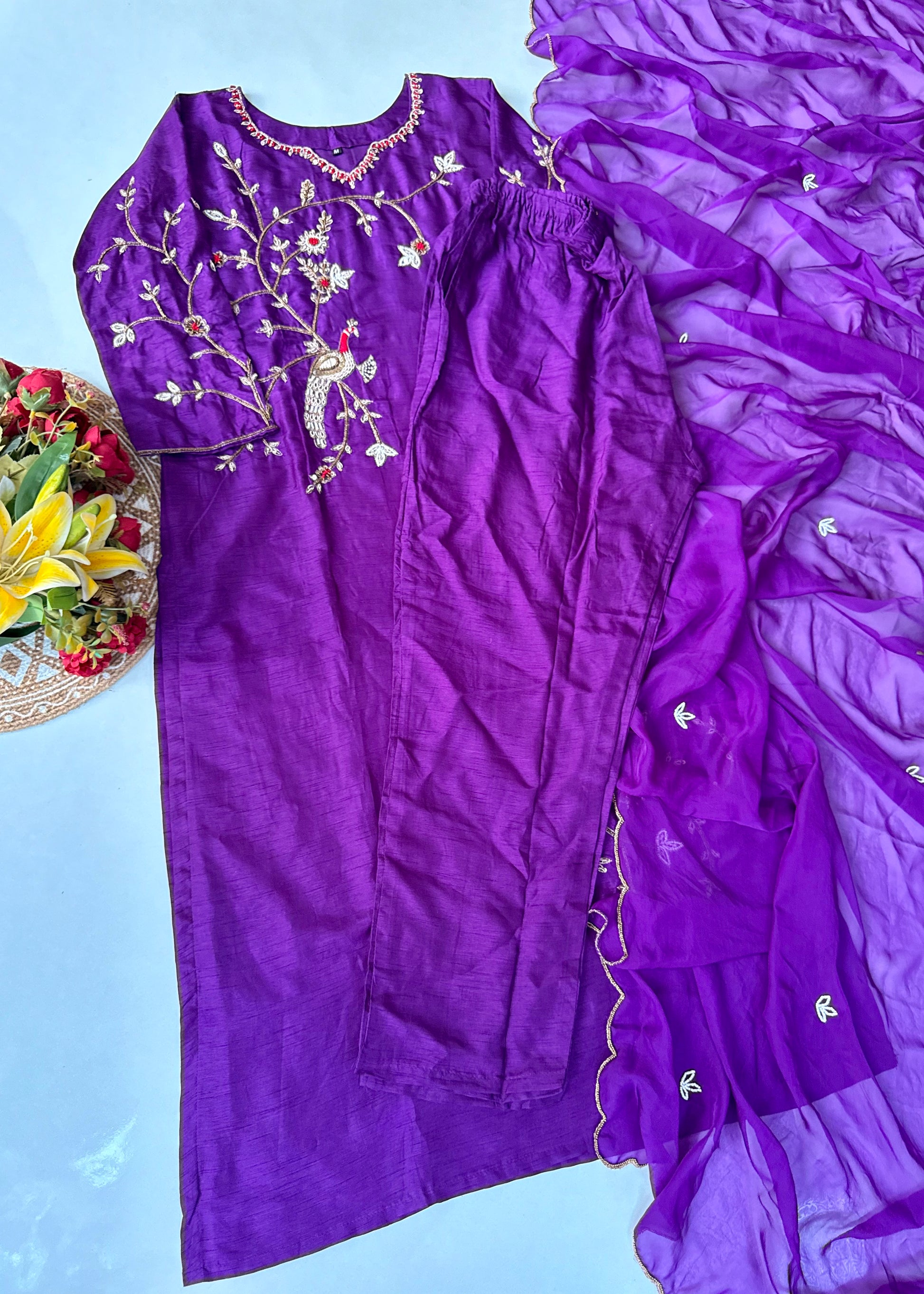 “Peacock” Royal Purple Dola Silk Peacock Handwork Suit Set