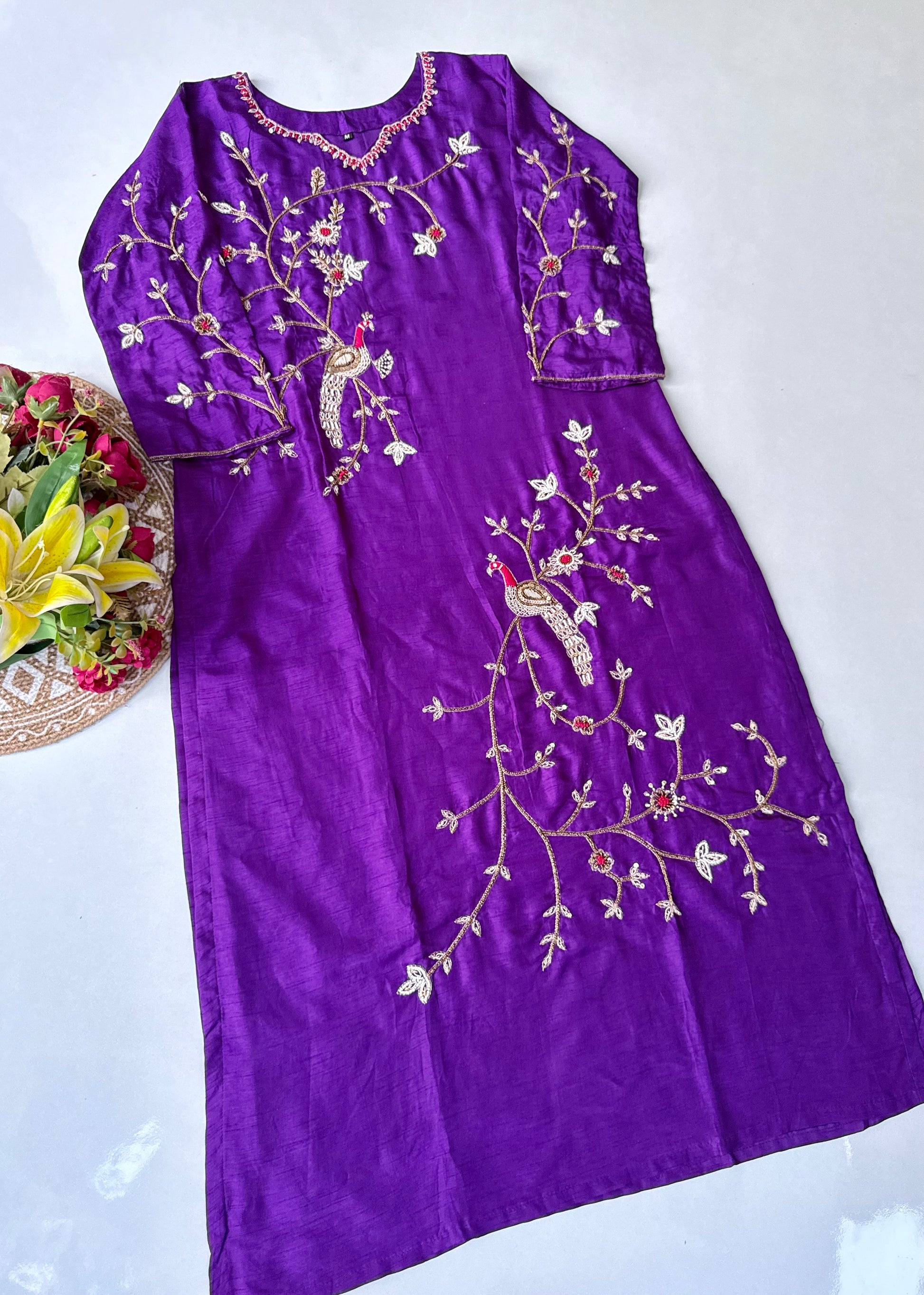 “Peacock” Royal Purple Dola Silk Peacock Handwork Suit Set