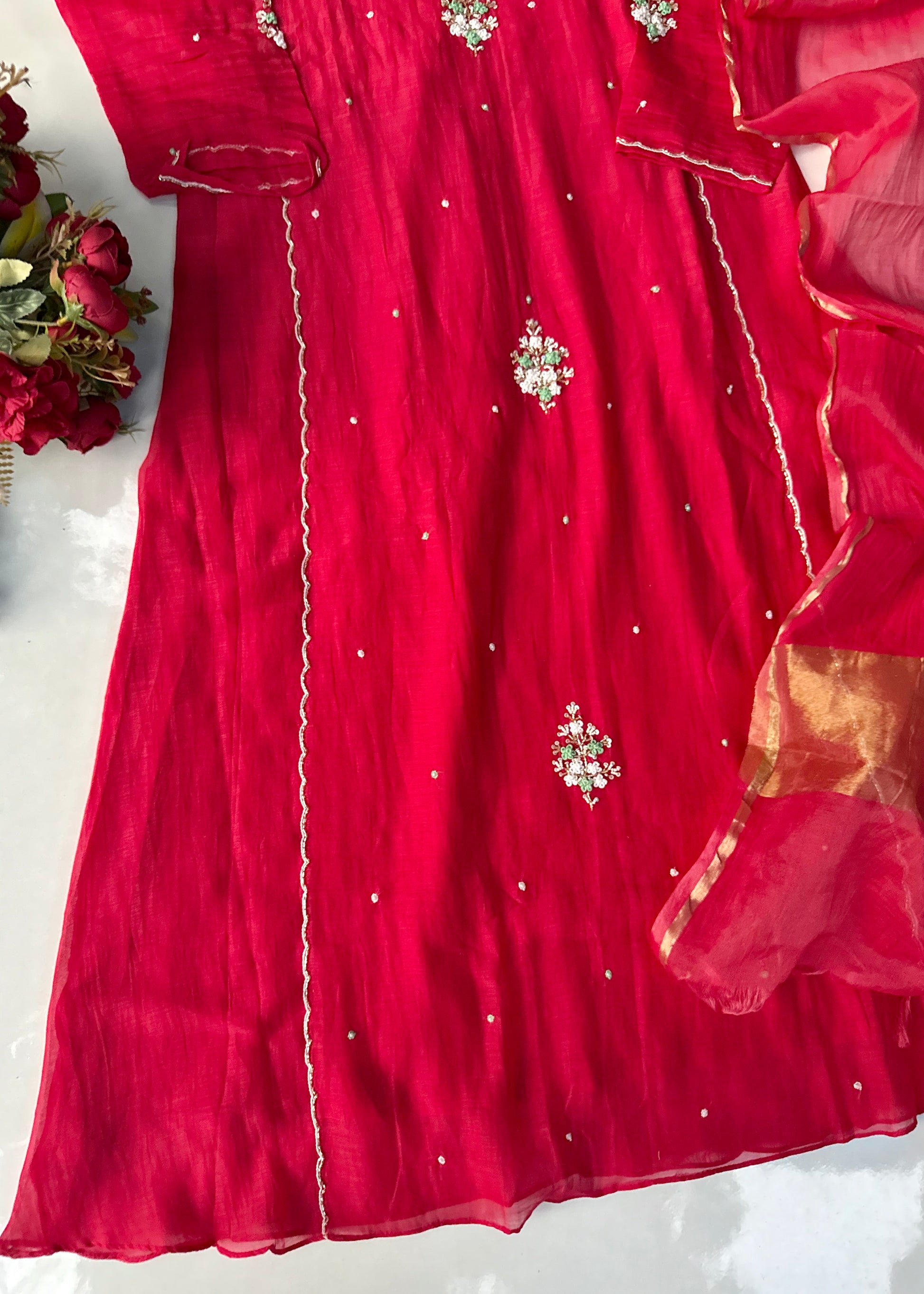 “Myra” Red Mul Chanderi A-Line Anarkali Kurta set