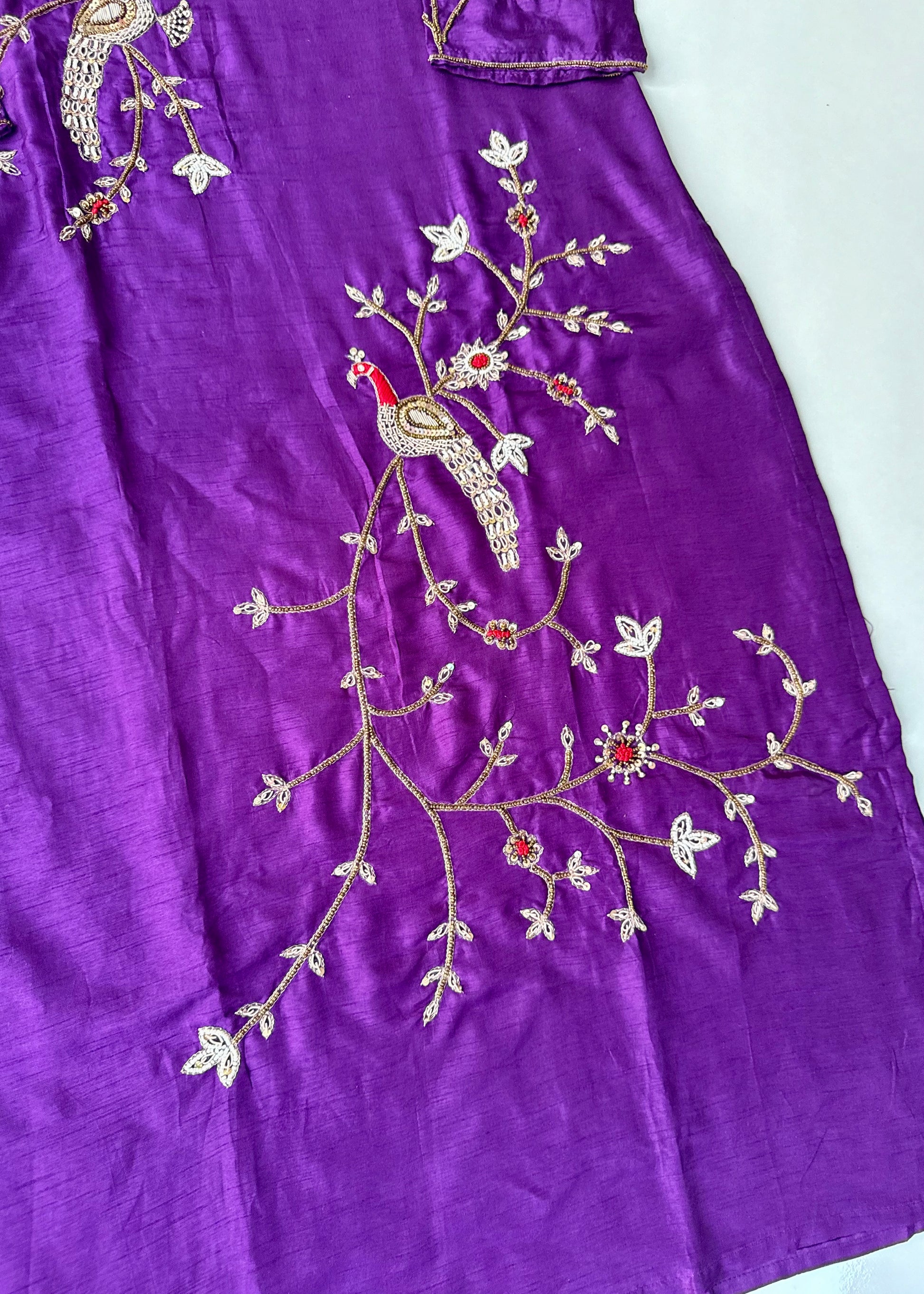 “Peacock” Royal Purple Dola Silk Peacock Handwork Suit Set