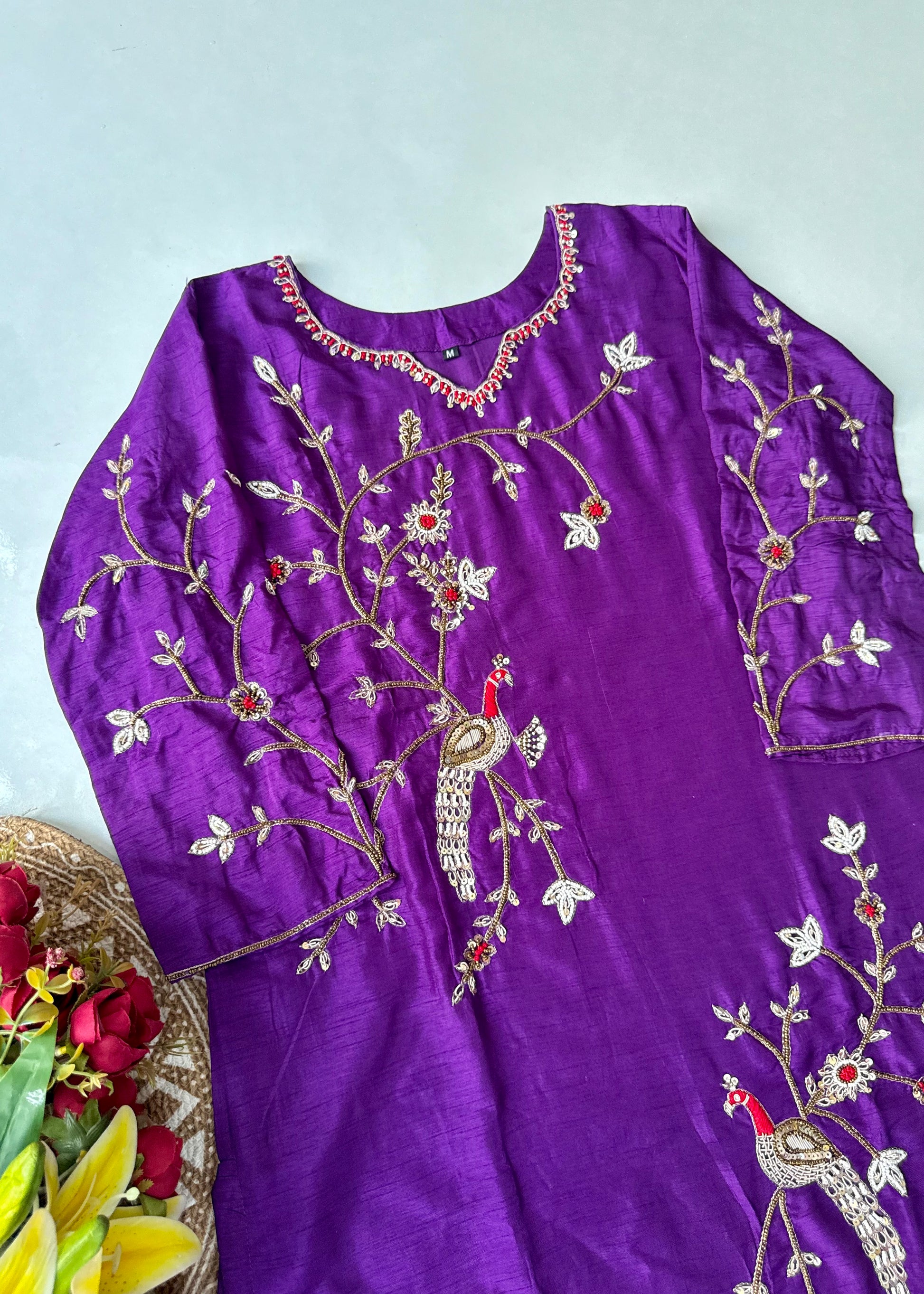 “Peacock” Royal Purple Dola Silk Peacock Handwork Suit Set