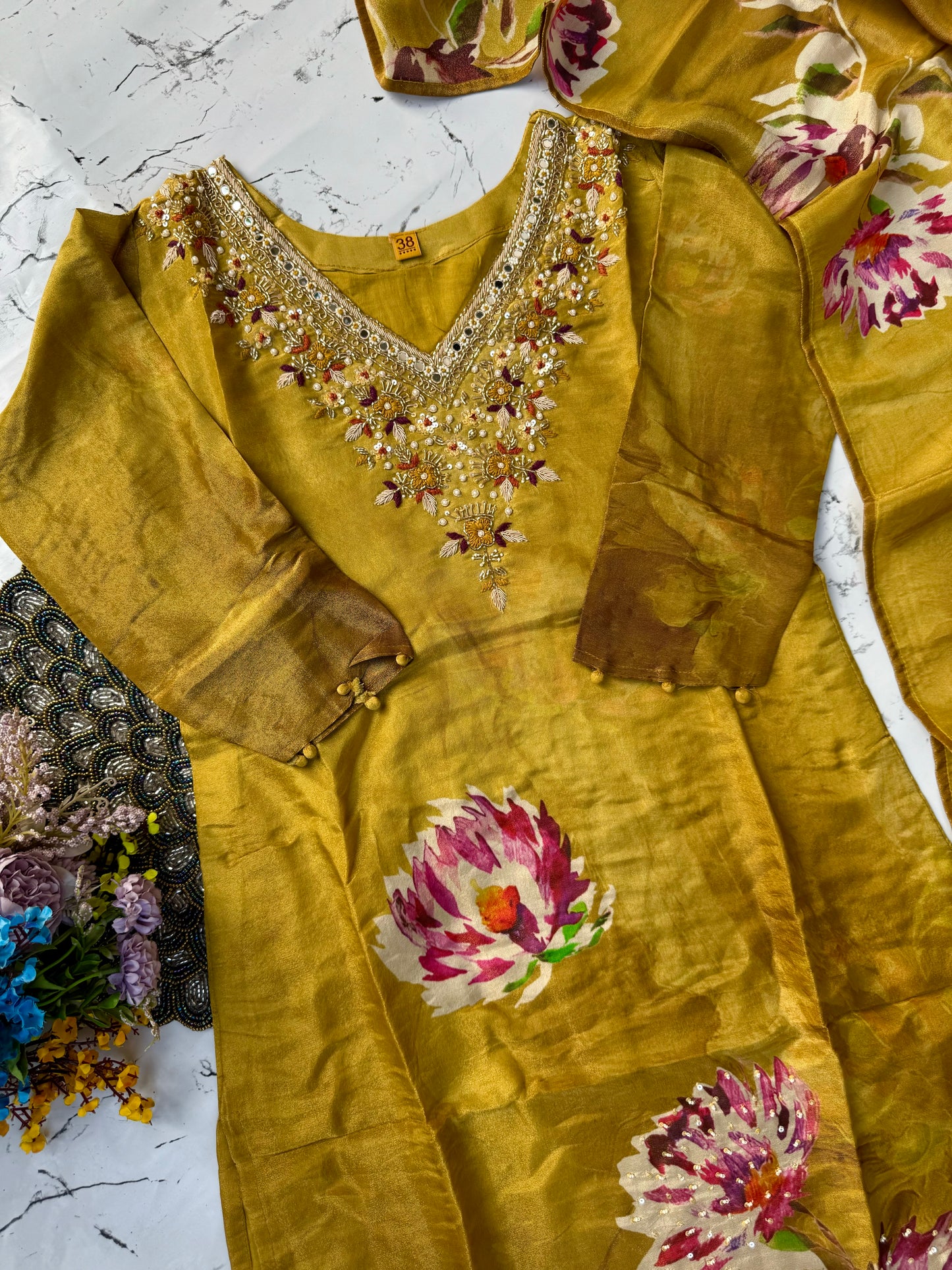 "MARYAM" Mustard printed Tissue silk kurti with heavy handwork set