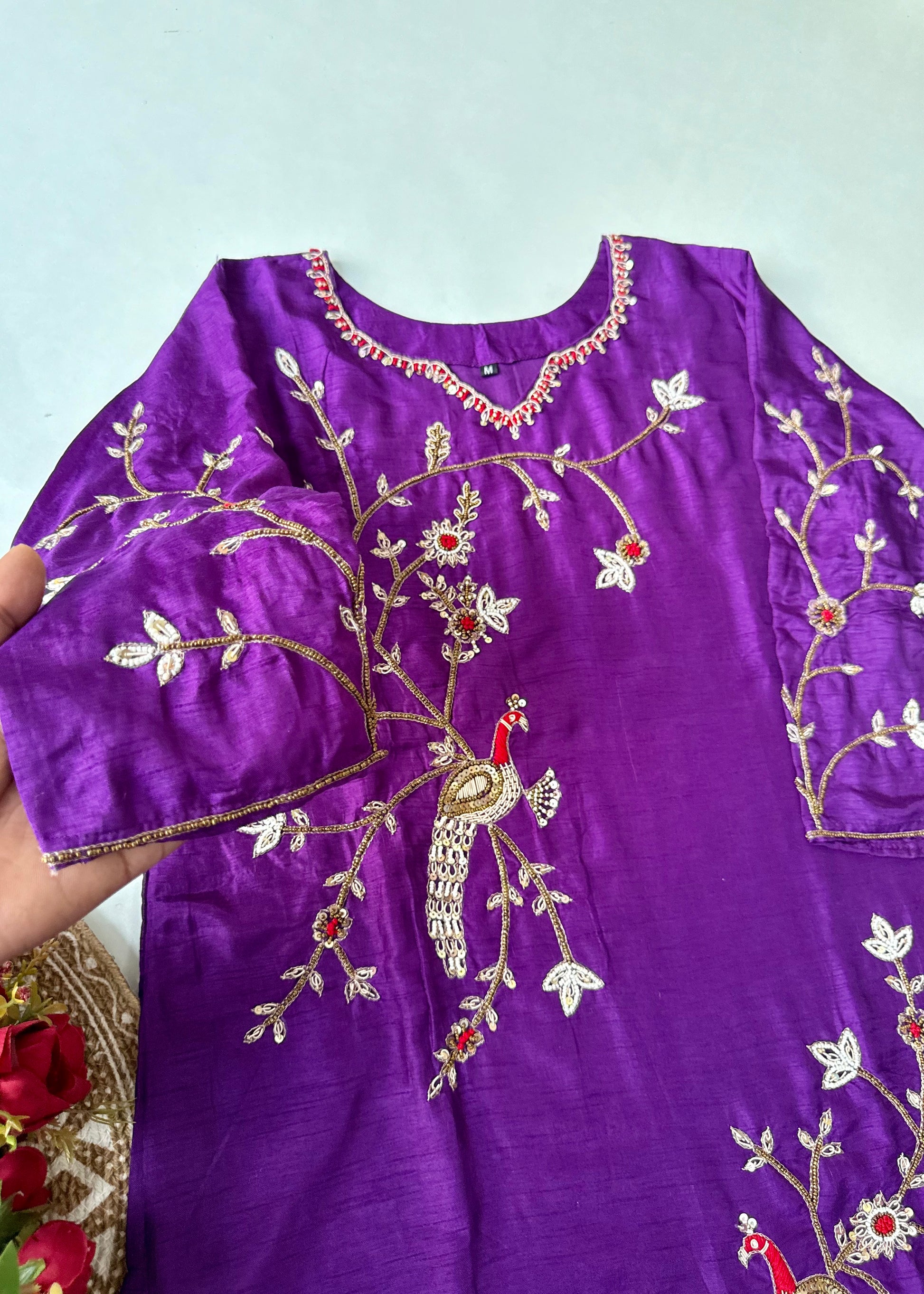 “Peacock” Royal Purple Dola Silk Peacock Handwork Suit Set