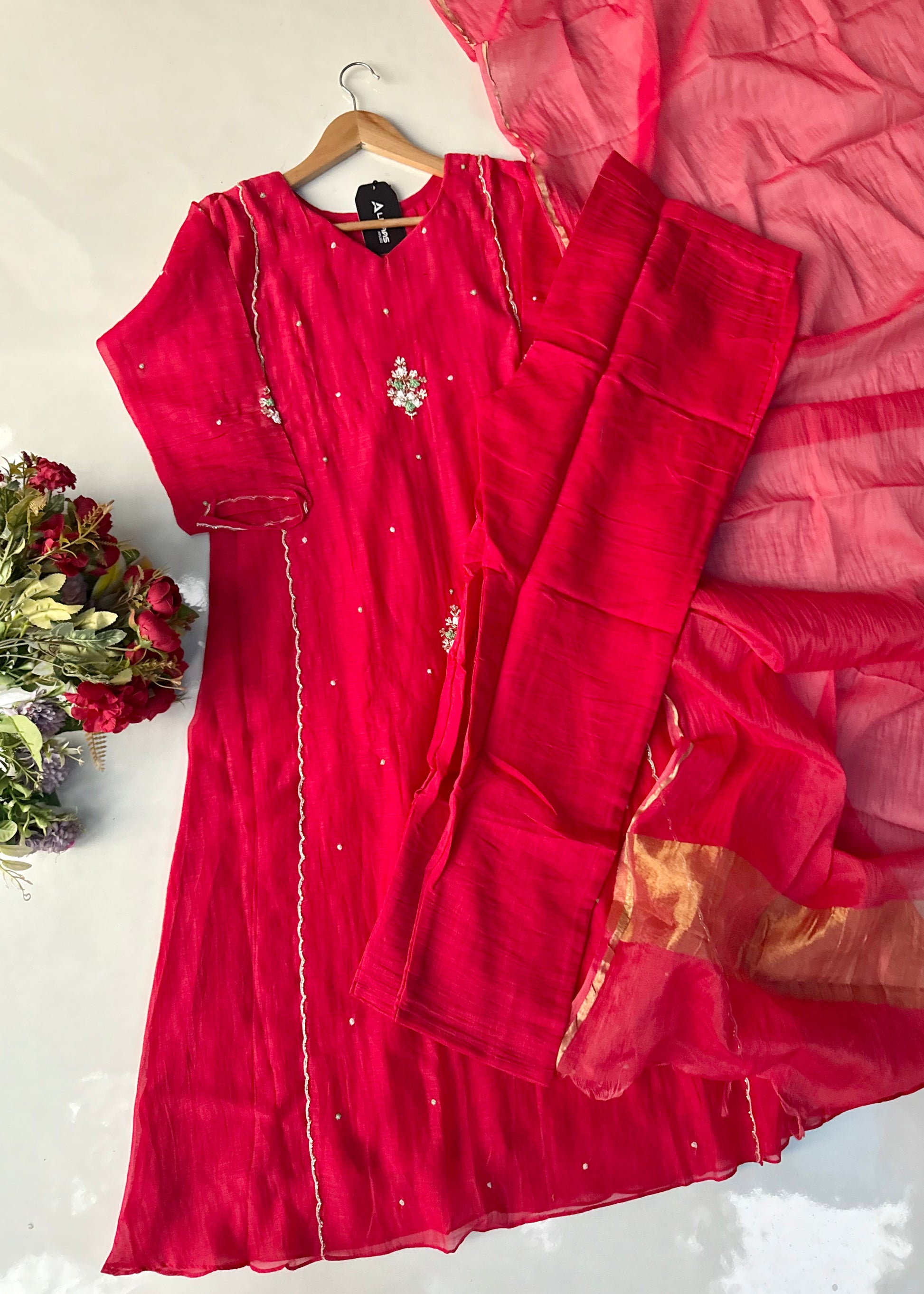 “Myra” Red Mul Chanderi A-Line Anarkali Kurta set