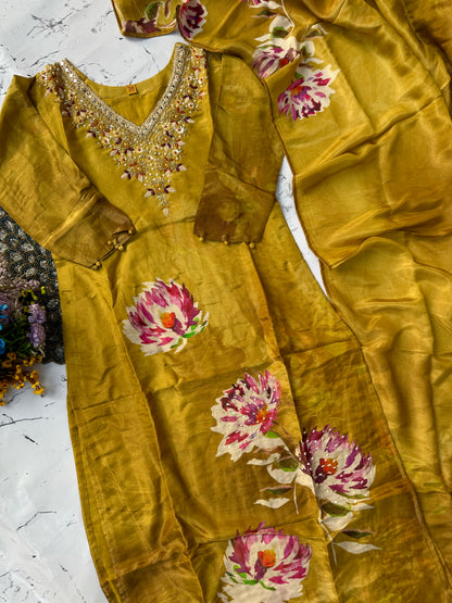 "MARYAM" Mustard printed Tissue silk kurti with heavy handwork set