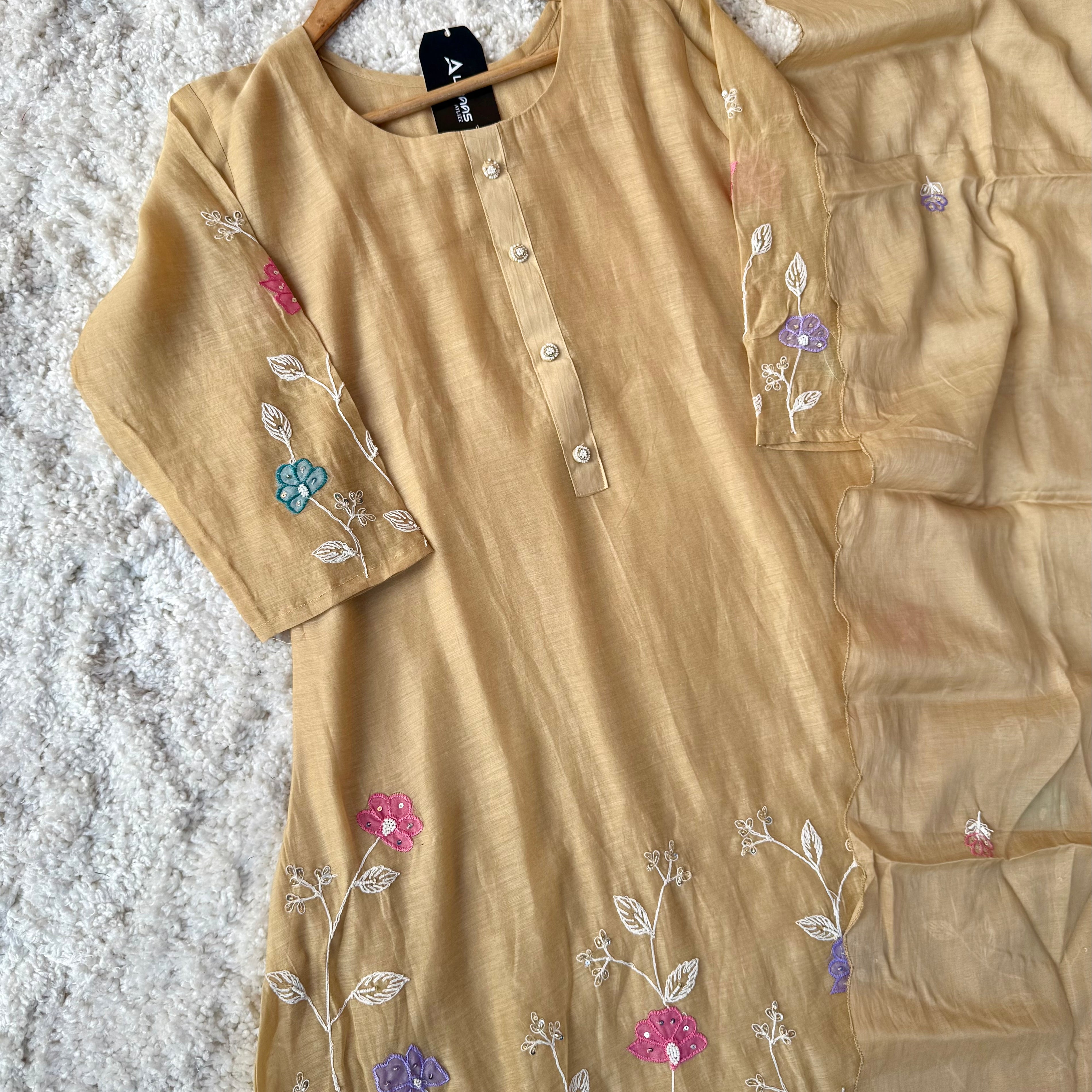 “Thread” Premium Beige Mul Chanderi A Line kurta set