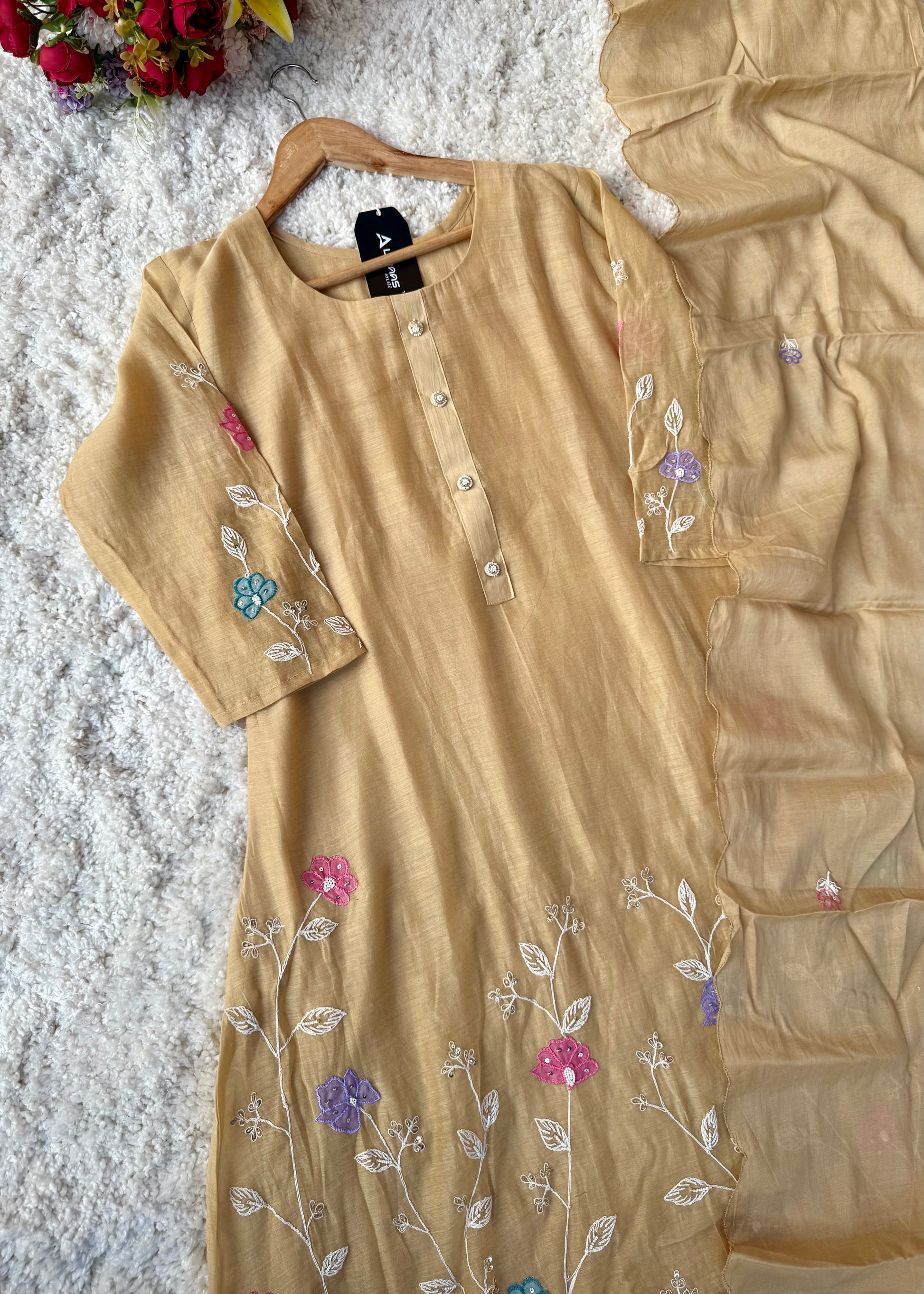 “Thread” Premium Beige Mul Chanderi A Line kurta set