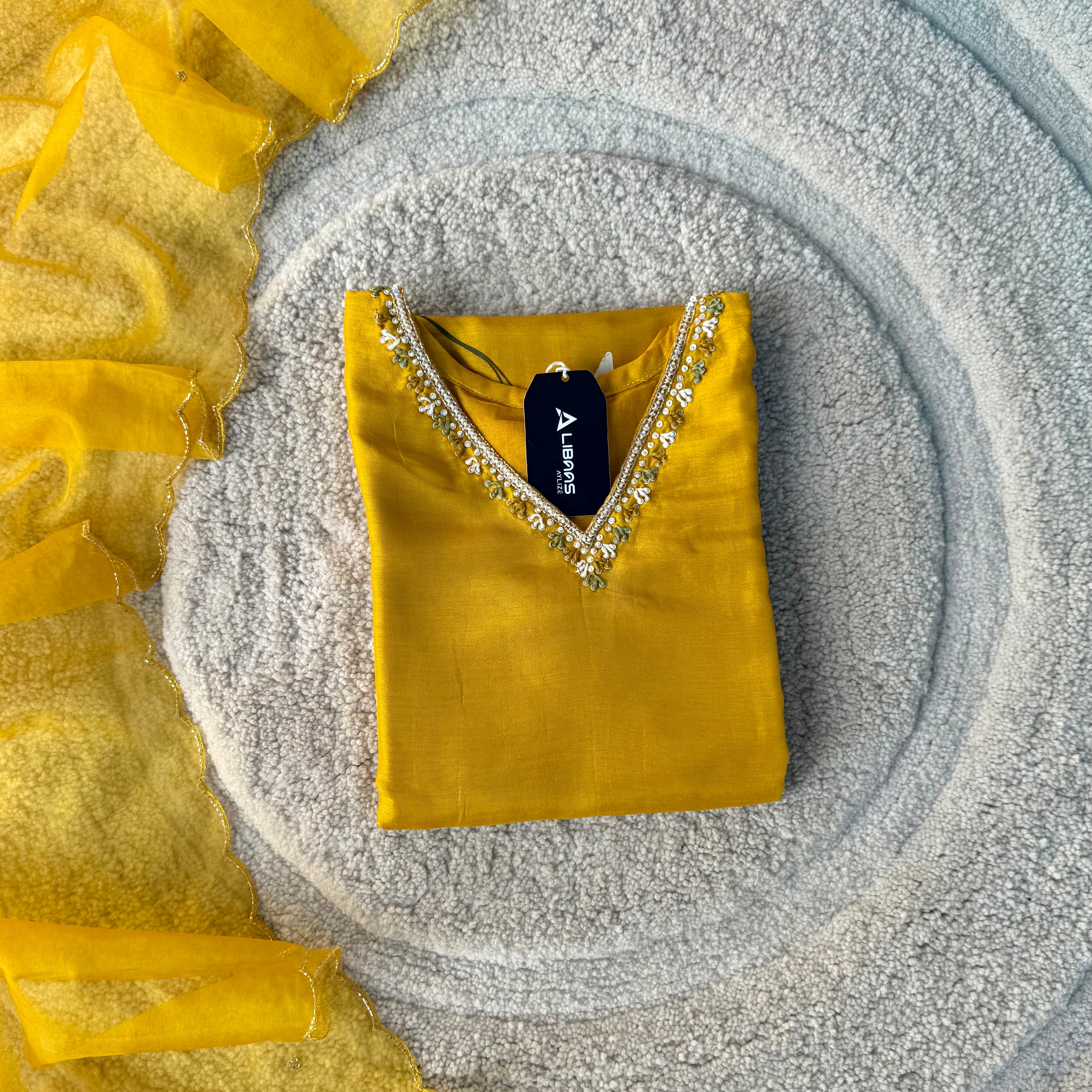 “Yeefa” Mustard Yellow dola silk hand print kurta set