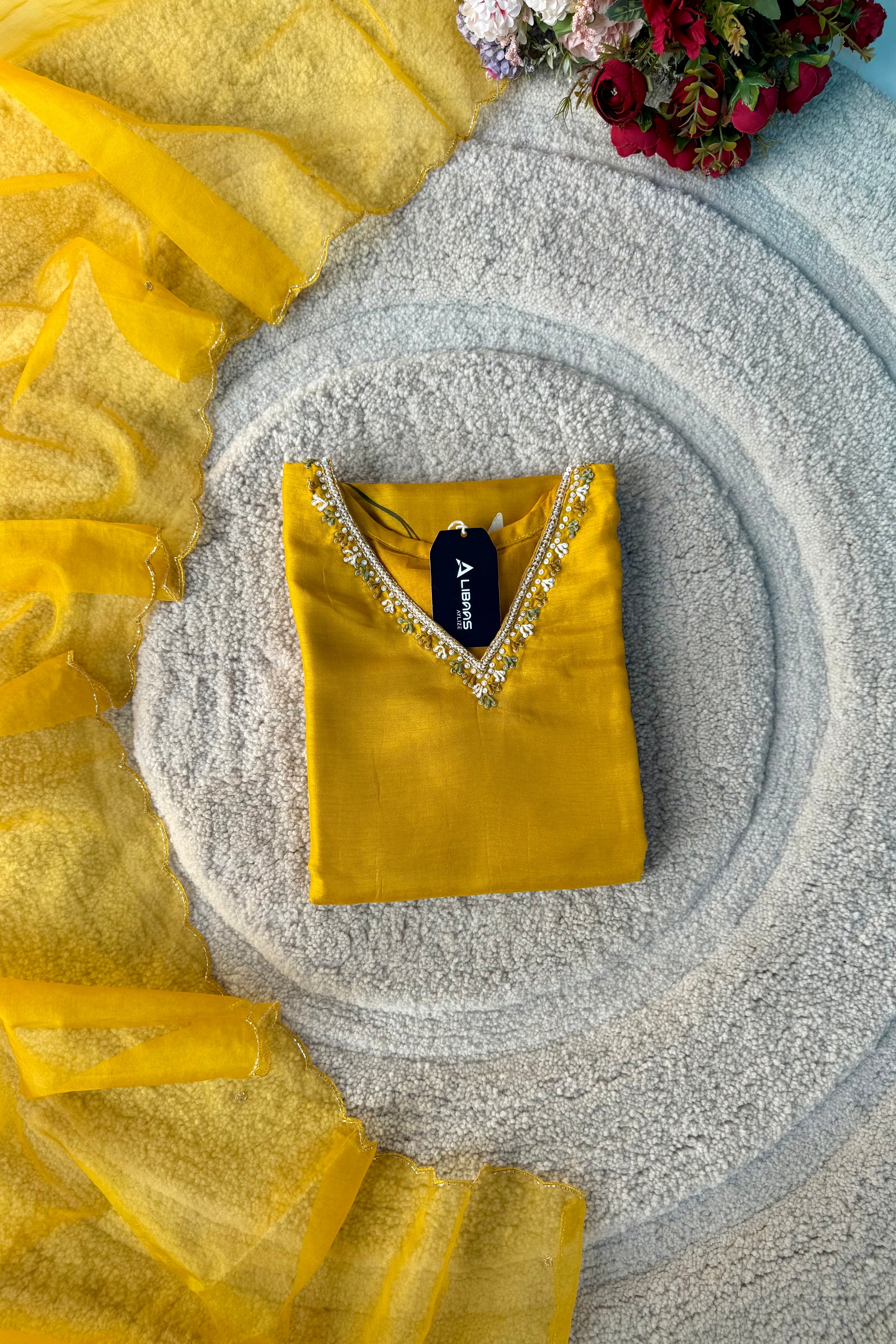 “Yeefa” Mustard Yellow dola silk hand print kurta set