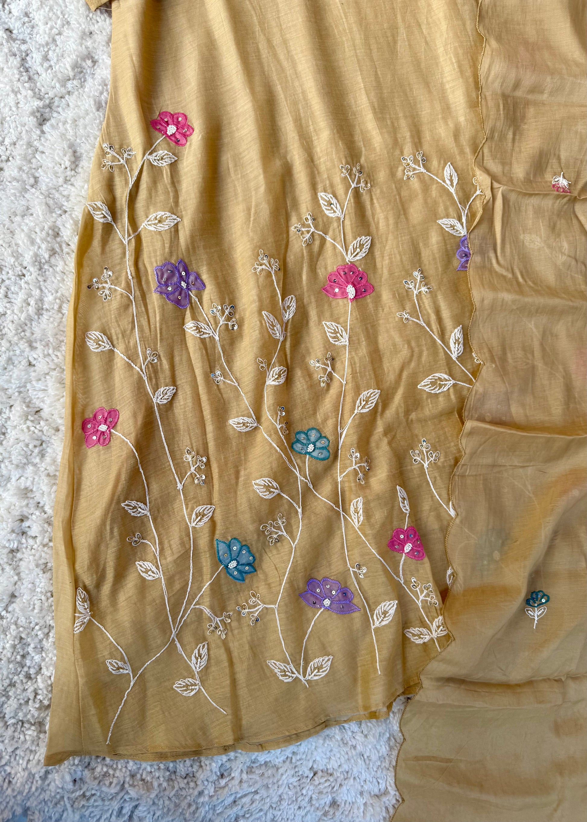 “Thread” Premium Beige Mul Chanderi A Line kurta set