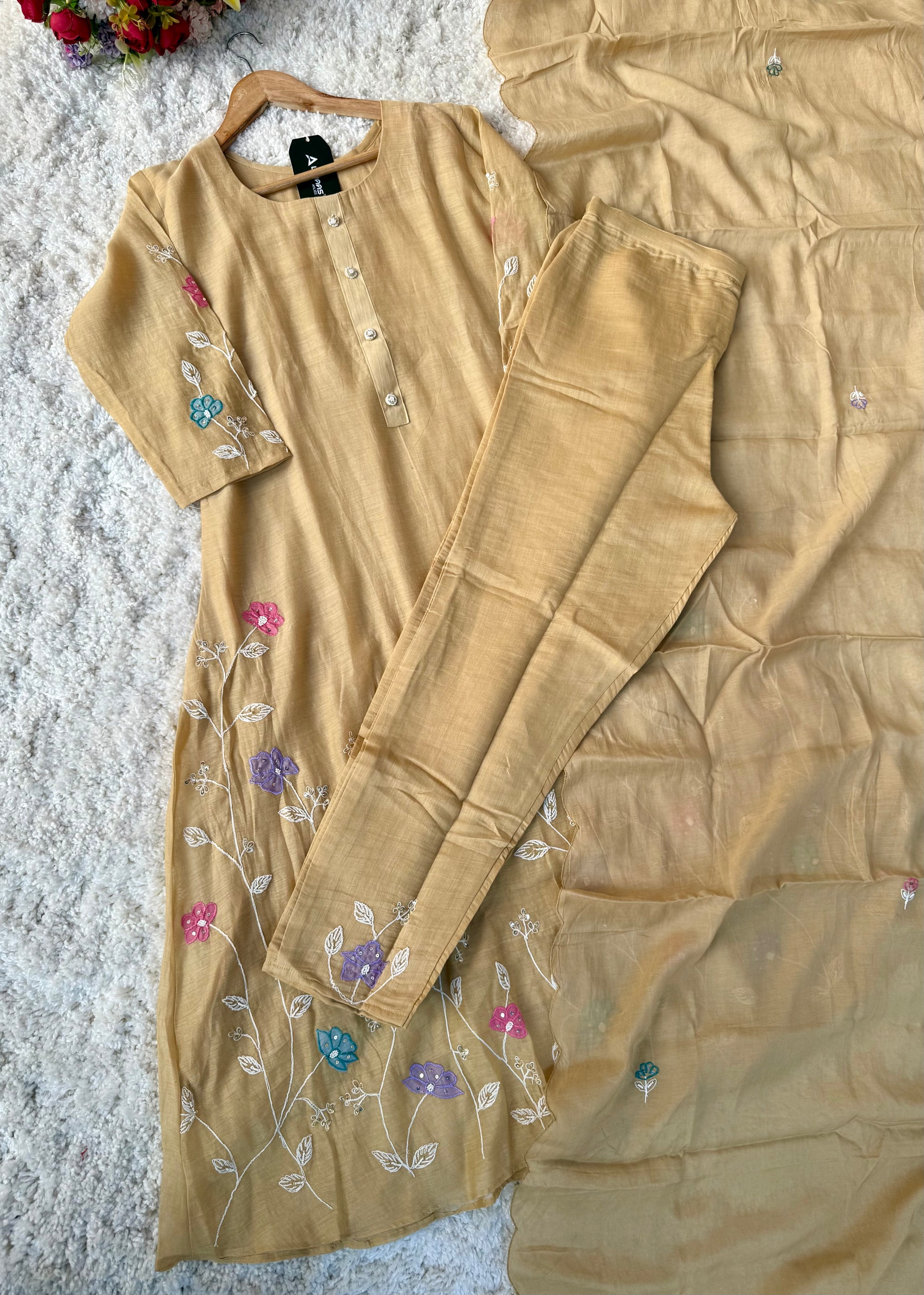 “Thread” Premium Beige Mul Chanderi A Line kurta set