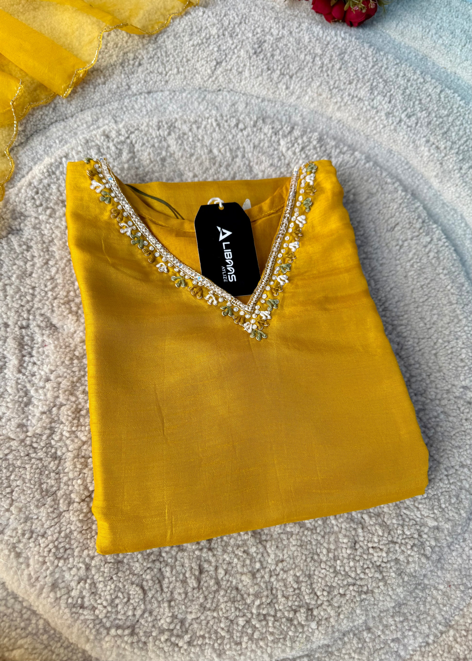 “Yeefa” Mustard Yellow dola silk hand print kurta set