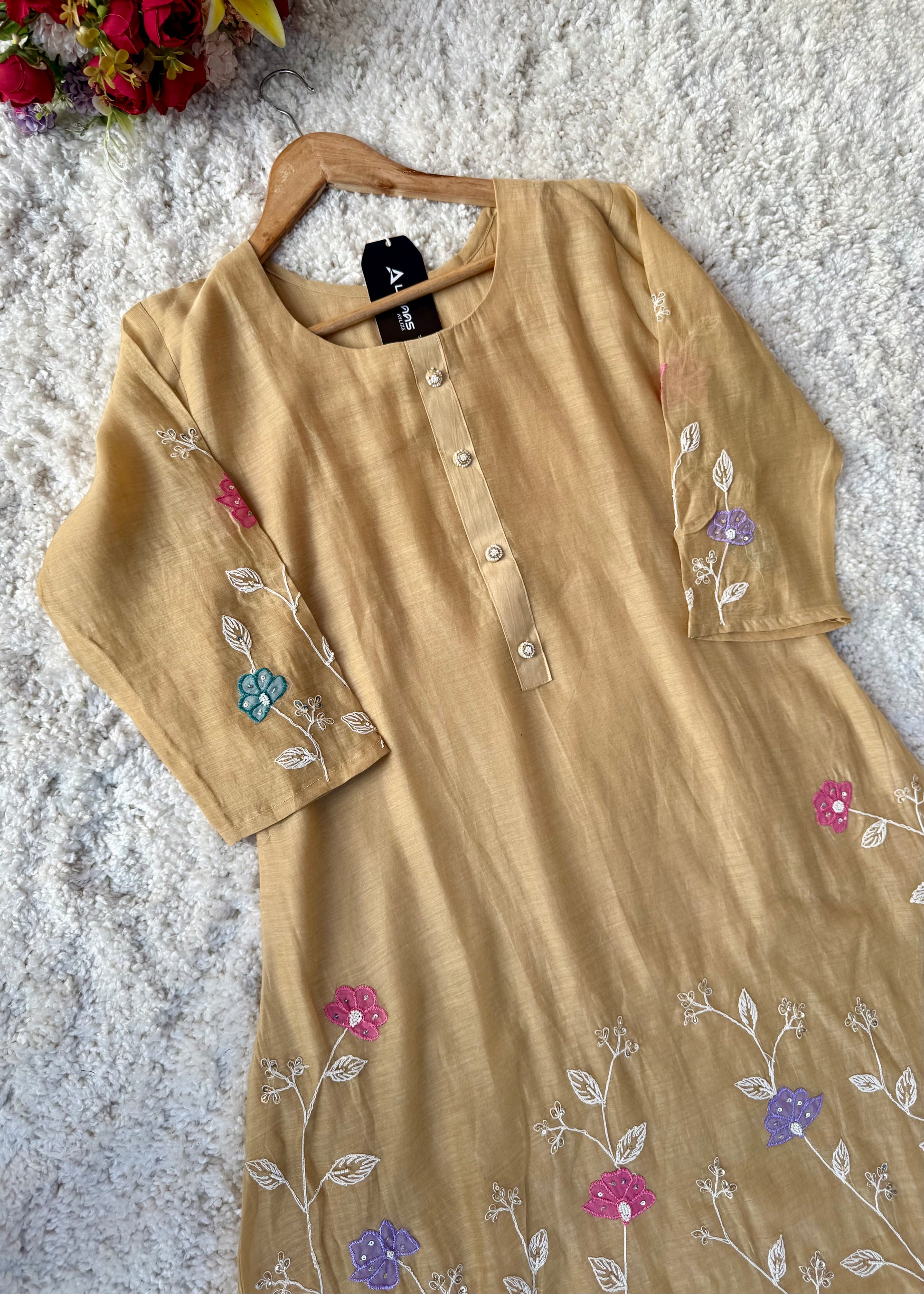 “Thread” Premium Beige Mul Chanderi A Line kurta set