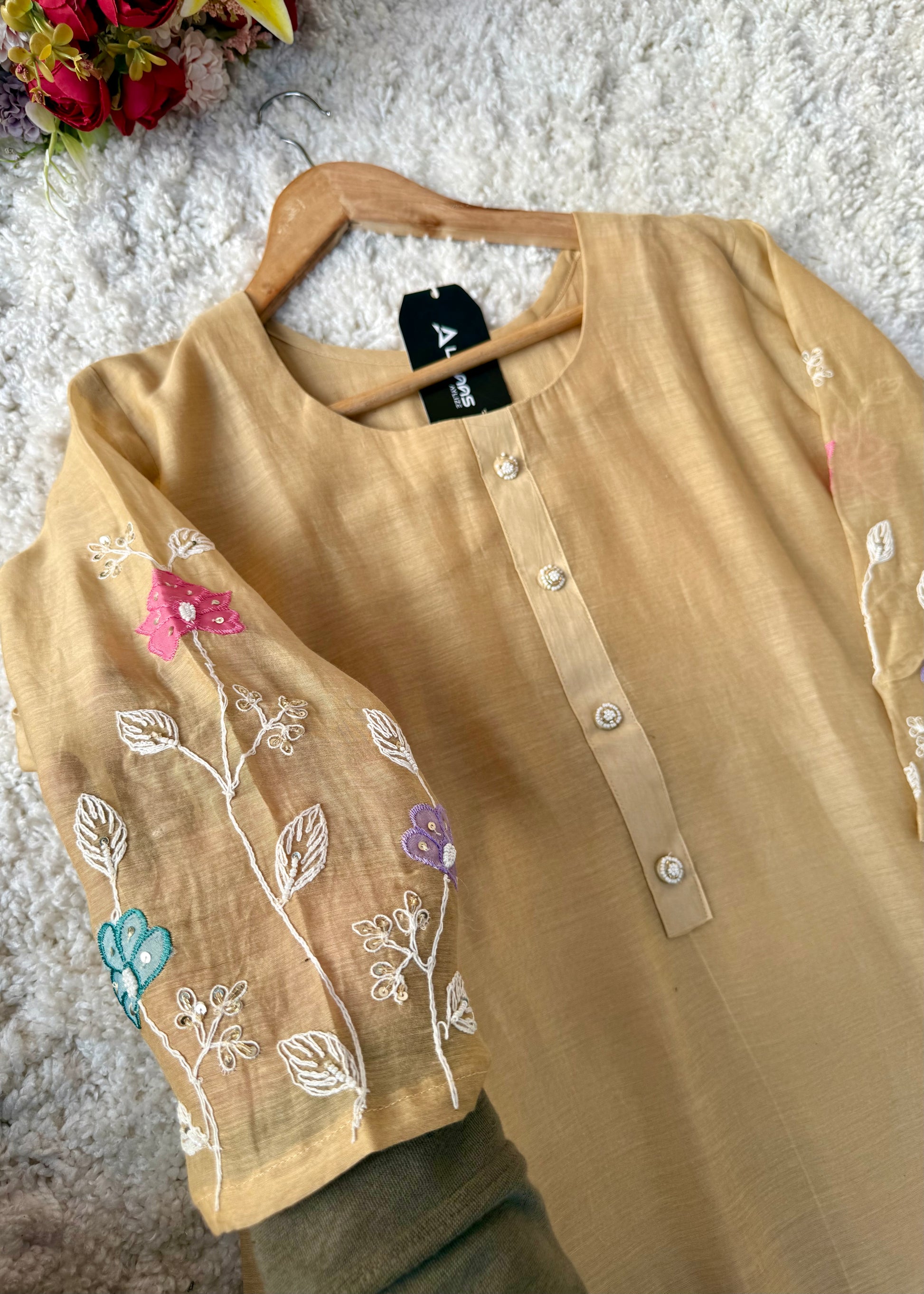 “Thread” Premium Beige Mul Chanderi A Line kurta set