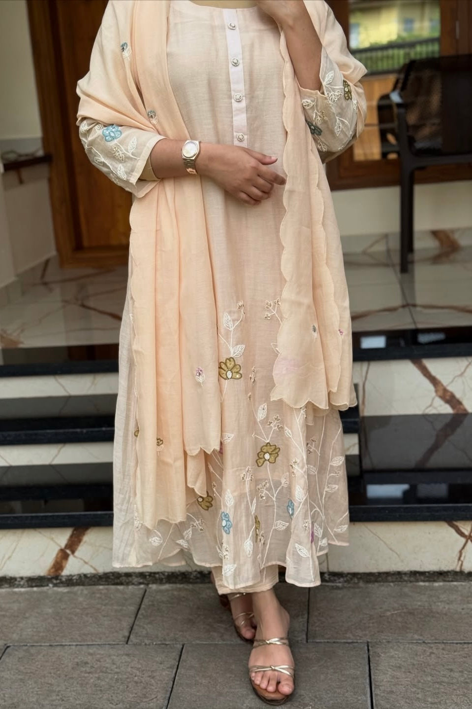 “Thread” Premium Beige Mul Chanderi A Line kurta set